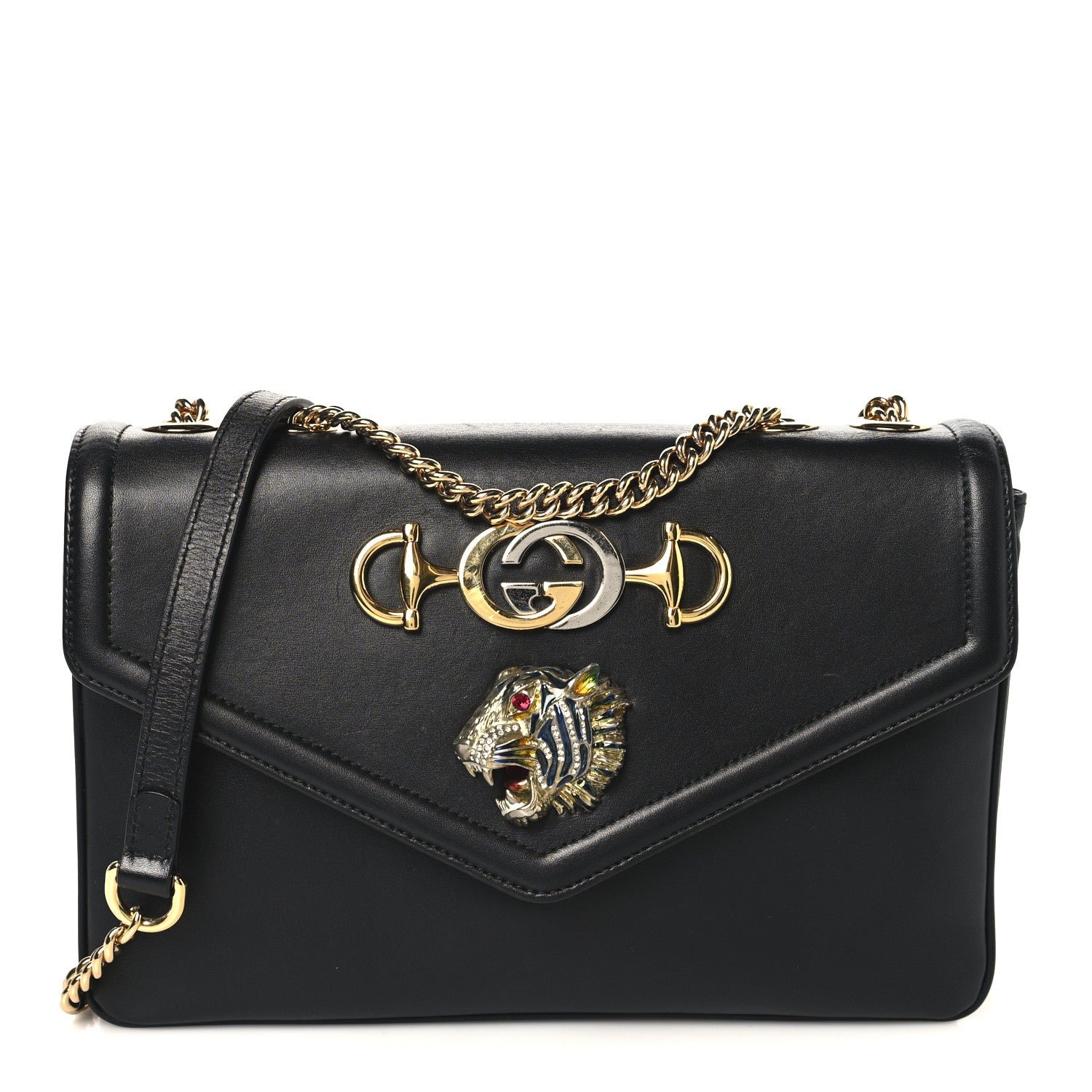 Gucci Vitello Palmellato Lux Crystal Medium Rajah Shoulder Bag Black