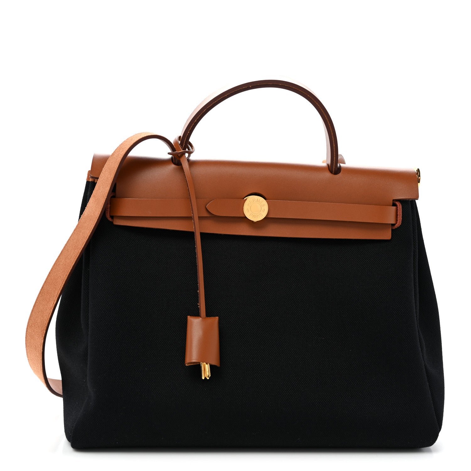 Hermes Military Toile Vache Hunter Herbag Zip Retourne 31 PM Black Fauve