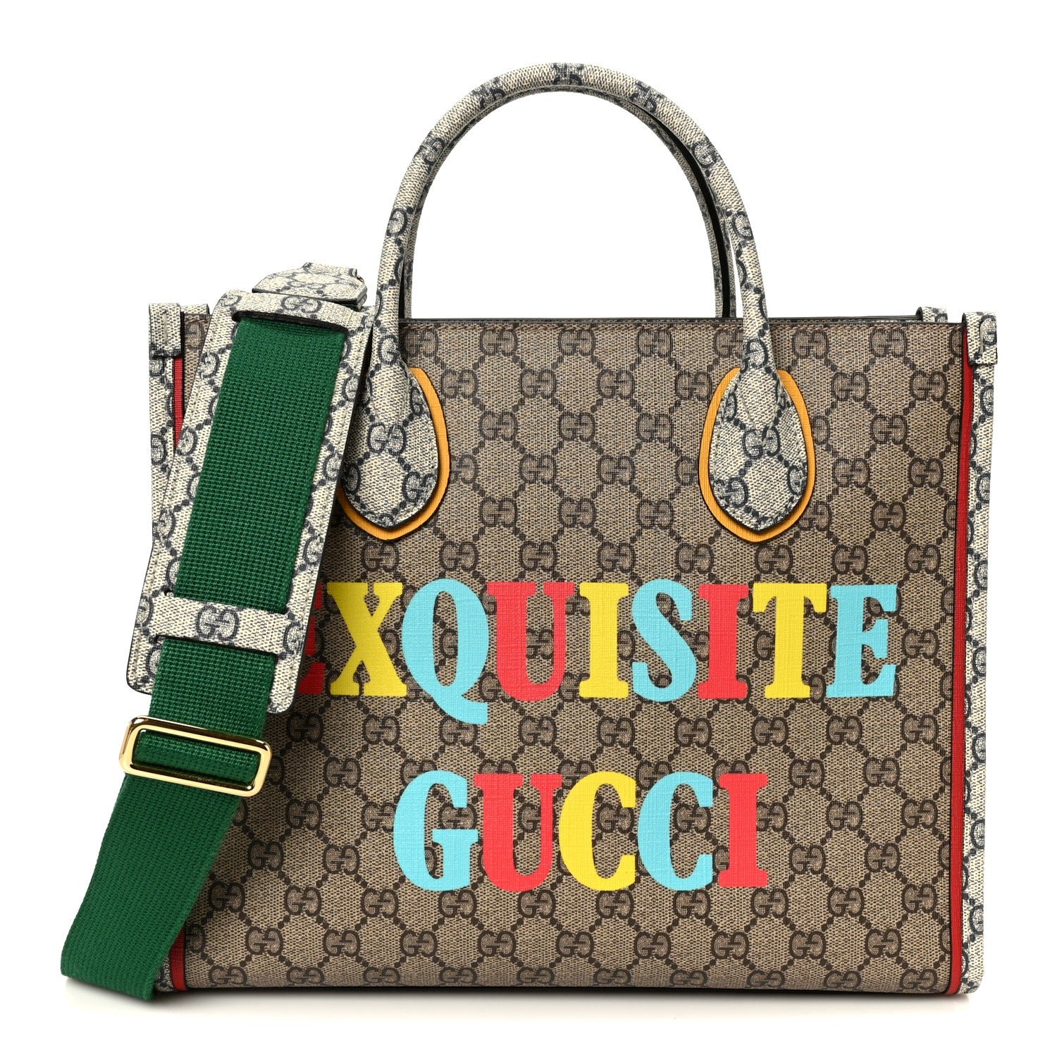 Gucci GG Supreme Monogram Exquisite Small Tote Beige Ebony Blue Crop Live Red