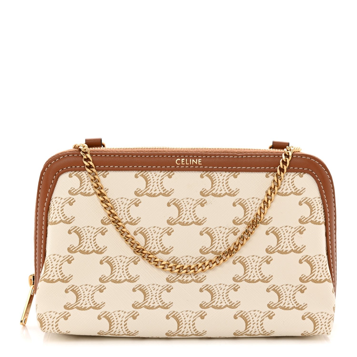 Celine Lambskin Triomphe Canvas Clutch With Chain  White Tan