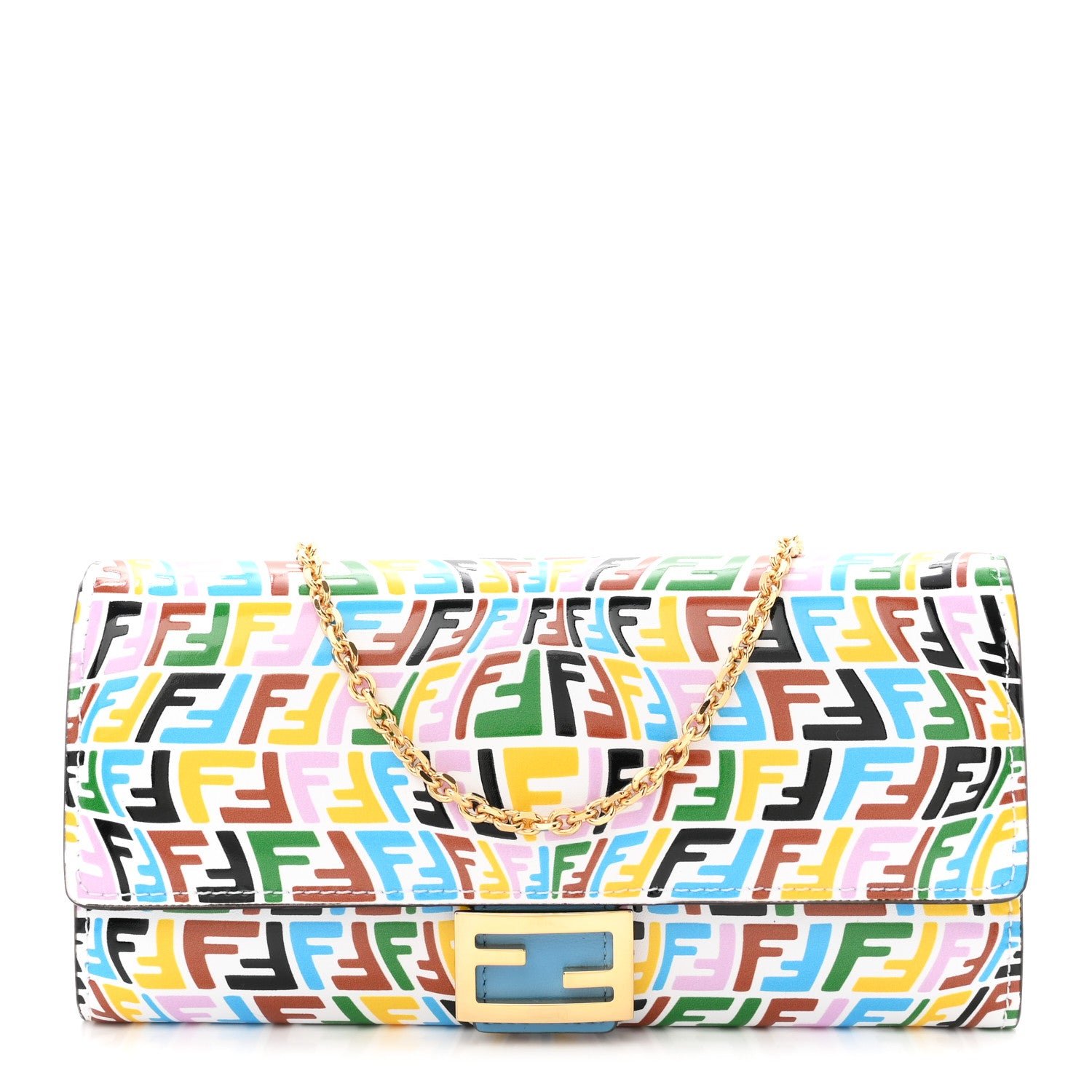 Fendi X SARAH COLEMAN Vitello Liberty Ceylon Micro FF Fish Eye Embossed Continental Envelope Wallet On Chain Multicolor Cyber Blue
