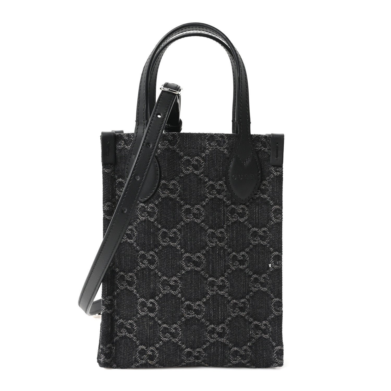 Gucci Denim Cuoio Harness GG Monogram Mini Ophidia Tote Bag Black Medium Grey
