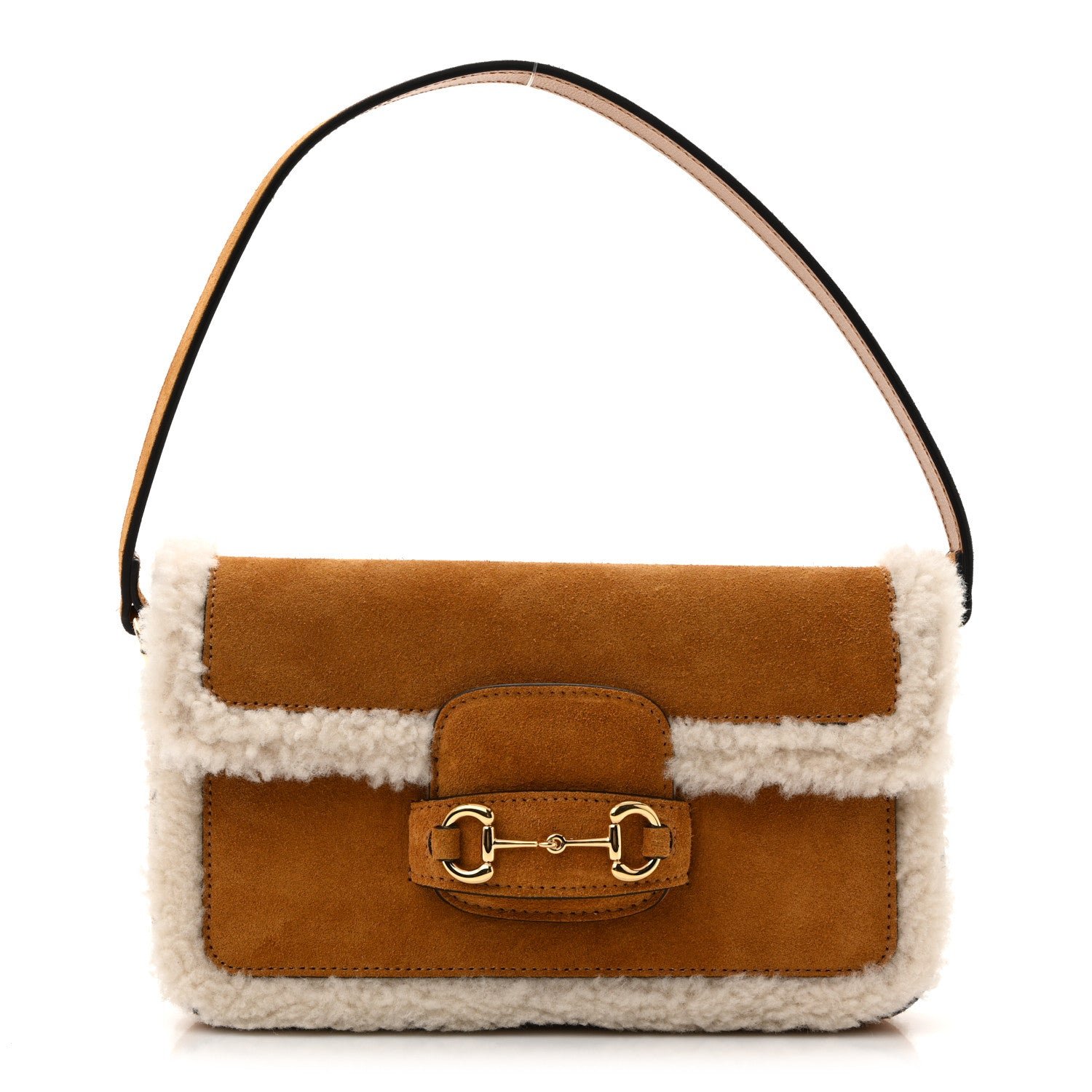 Gucci Suede Shearling Horsebit Mini 1955 Shoulder Bag Honey Beige Milk