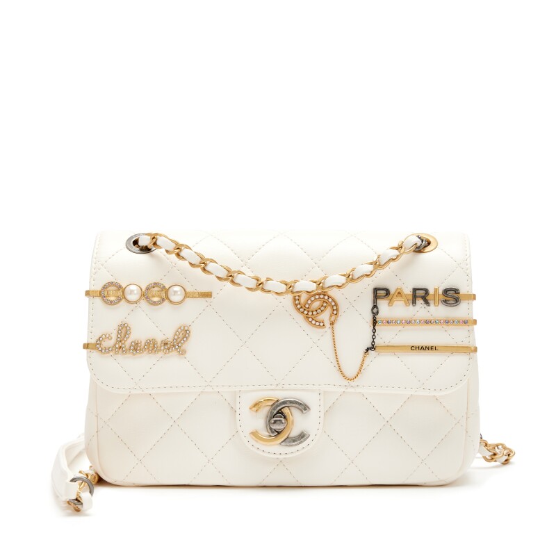Chanel White Quilted Lambskin Coco Clips Mini Flap Bag Aged Gold and Ruthenium Hardware, 2022