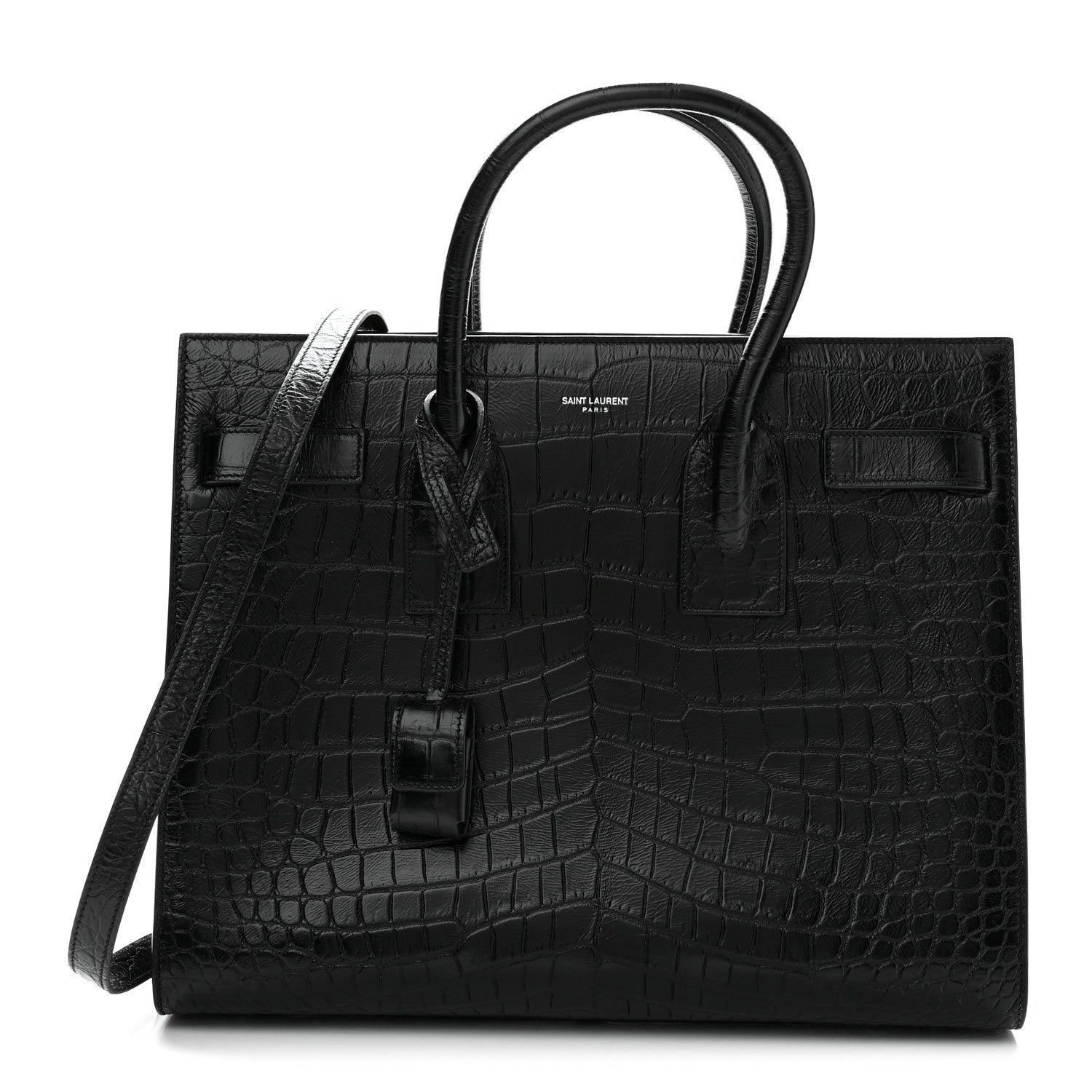 Saint Laurent Calfskin Crocodile Embossed Small Sac de Jour Black