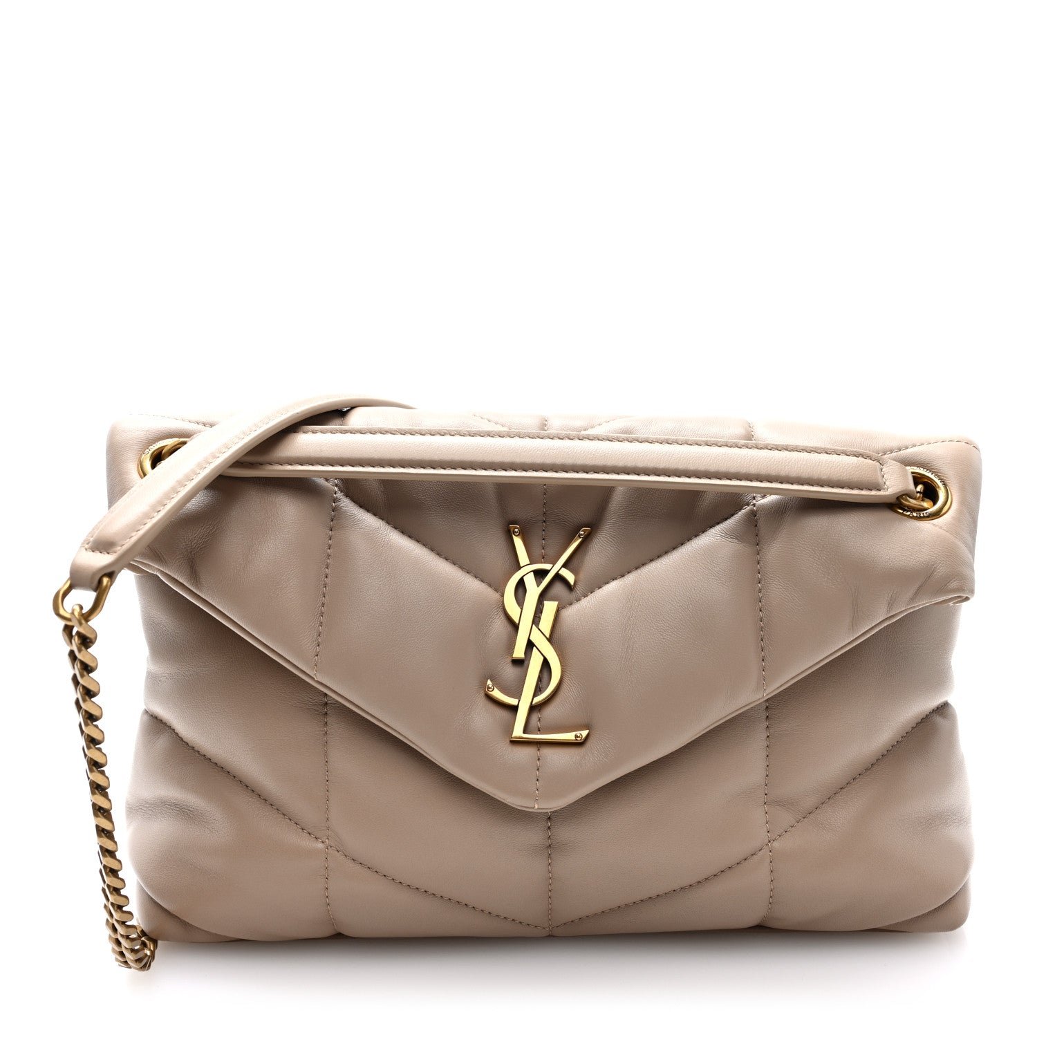 Saint Laurent Lambskin Quilted Small Loulou Puffer Monogram Chain Satchel Dark Beige