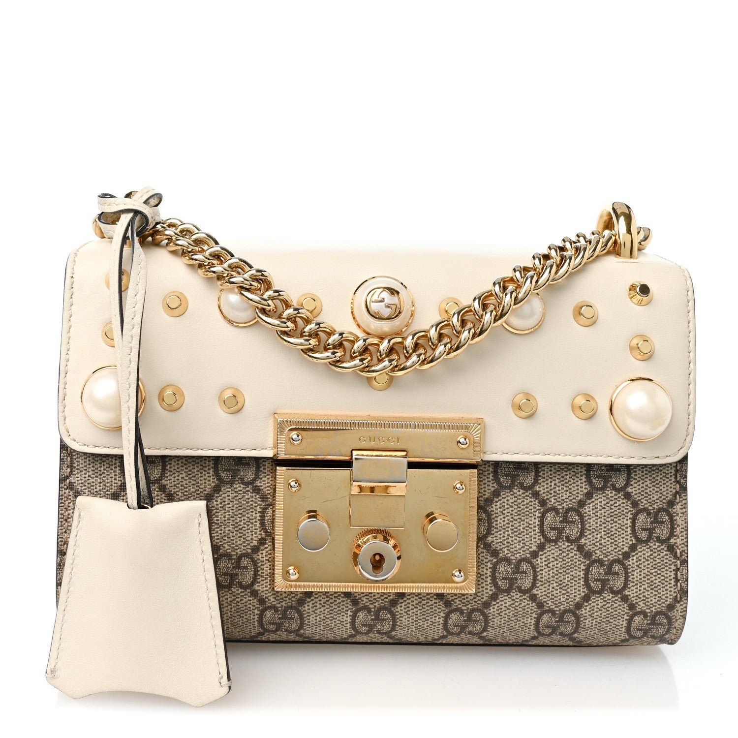 Gucci GG Supreme Monogram Studded Small Padlock Shoulder Bag White
