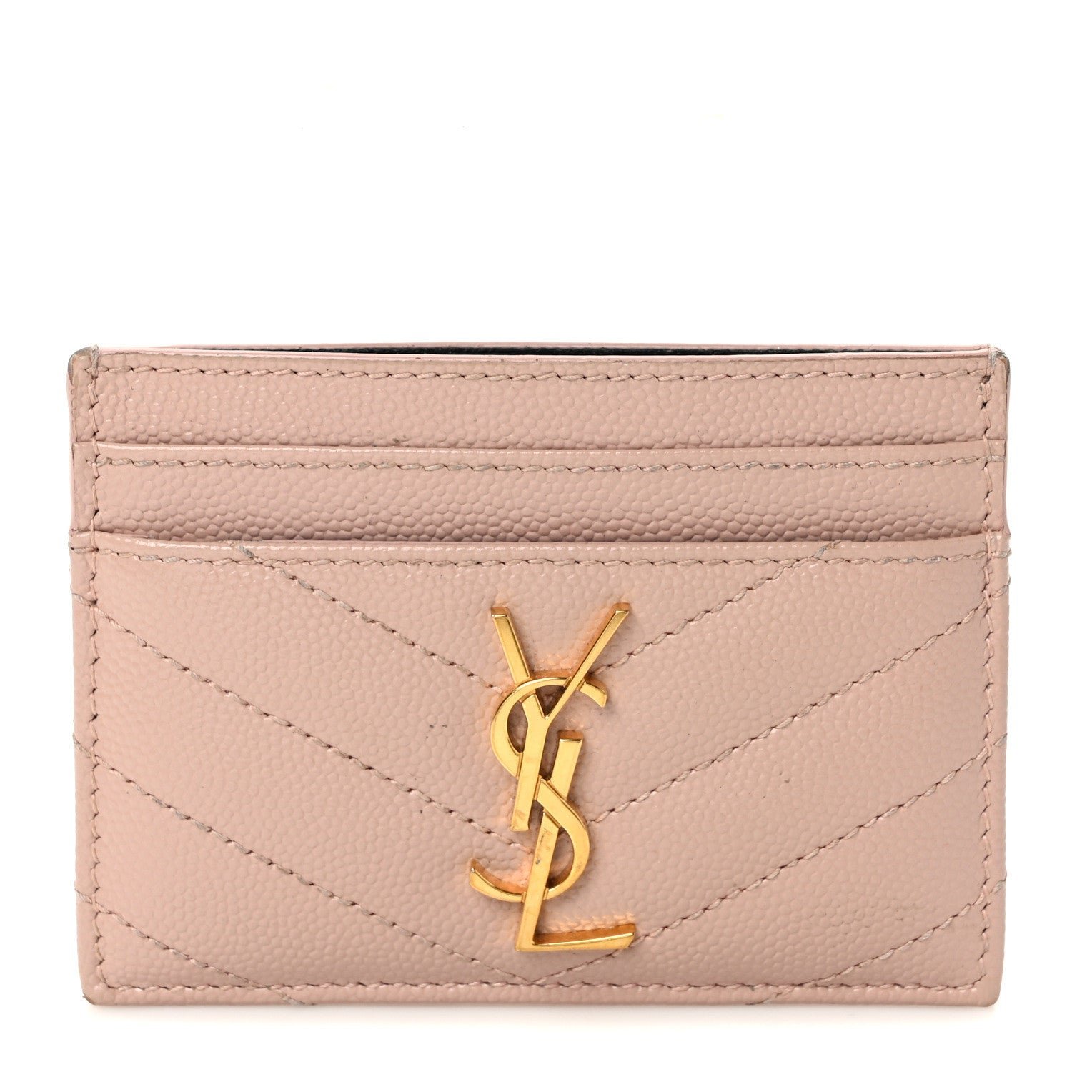 Saint Laurent Grain De Poudre Matelasse Chevron Monogram Credit Card Case Pale Pink