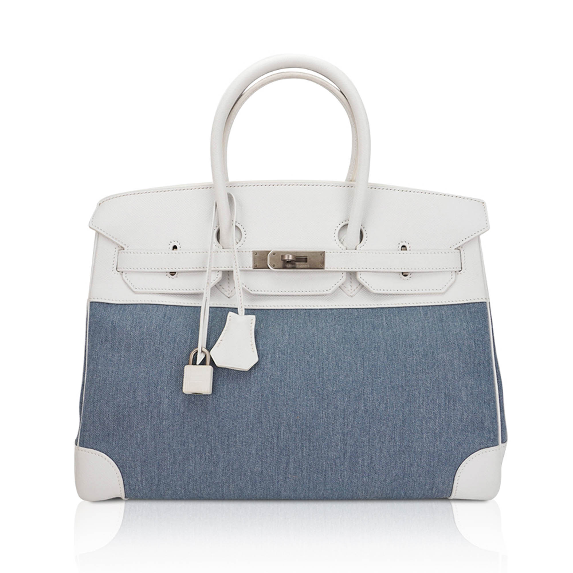 Hermes Hermes Limited Edition Vintage Birkin 35 Blue Denim Toile White Epsom Leather with Brushed Palladium Hardware