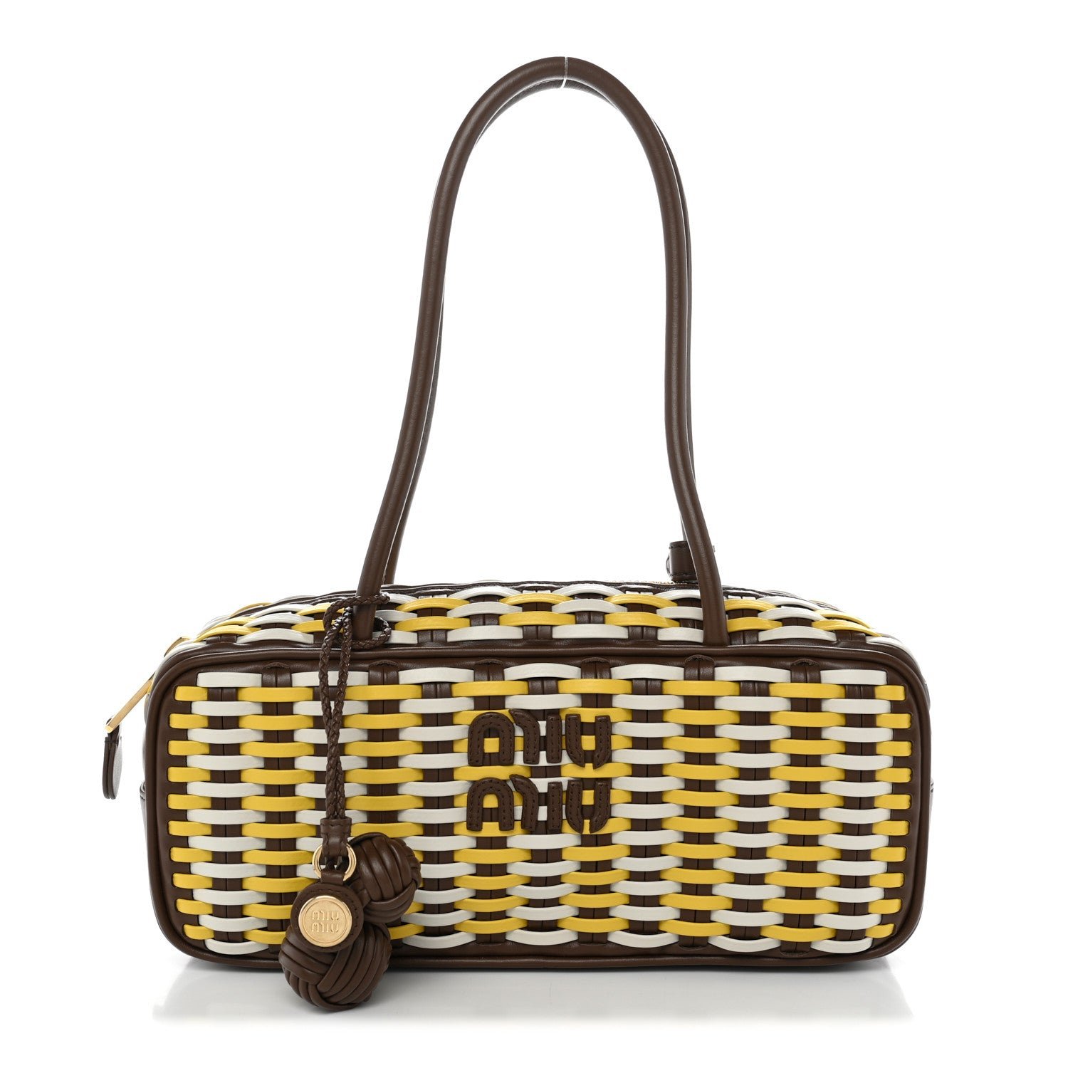 Miu Miu Woven Calfskin Small Beau Top Handle Bag Acero Sole Talco