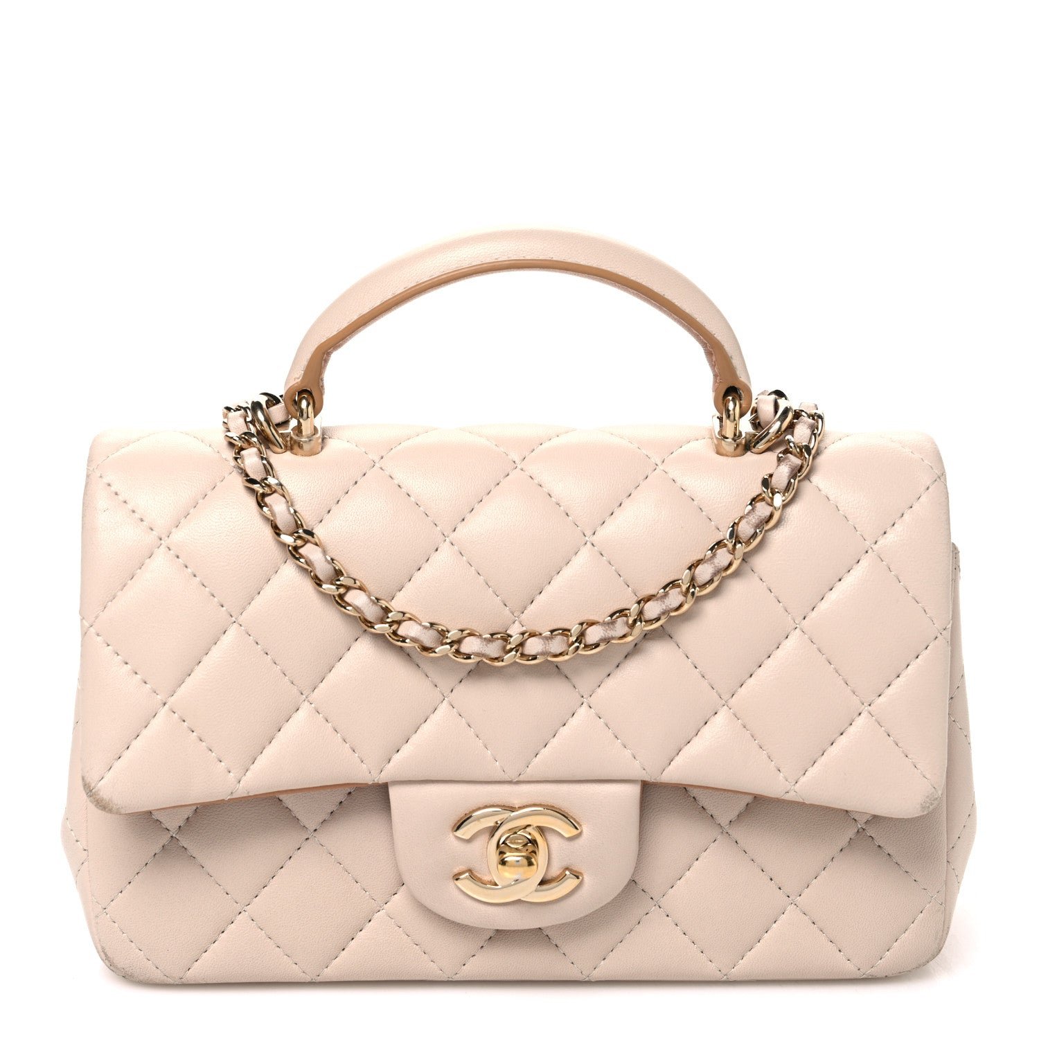 Chanel Lambskin Quilted Bi-Color Mini Top Handle Rectangular Flap Ecru Dark Beige