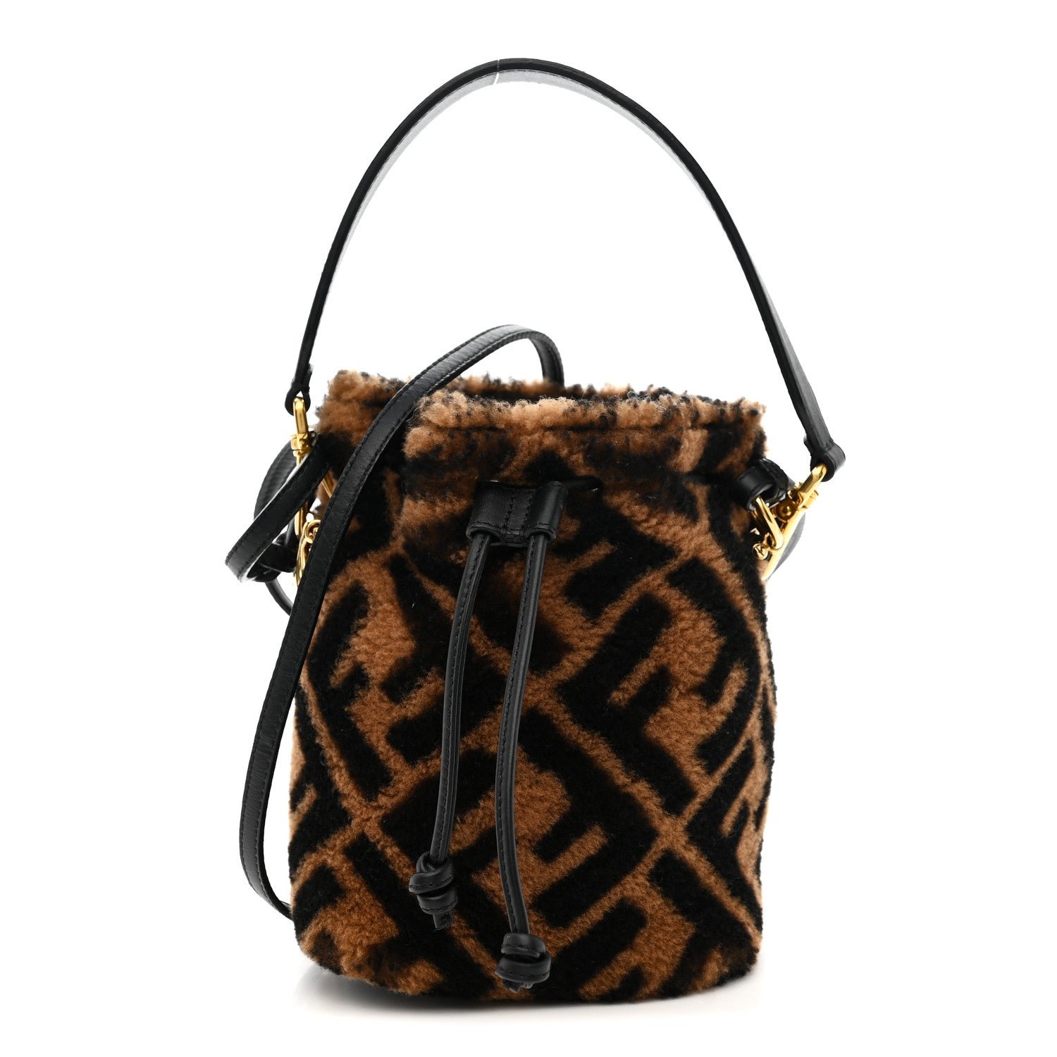 Fendi Shearling Vitello Dolce F is Fendi Macro FF 1974 Mini Mon Tresor Bucket Bag Tobacco Black