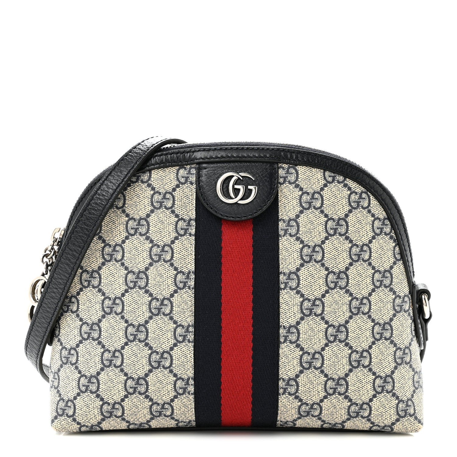 Gucci GG Supreme Monogram Textured Dollar Calfskin Web Small Ophidia Dome Shoulder Bag Beige Blue