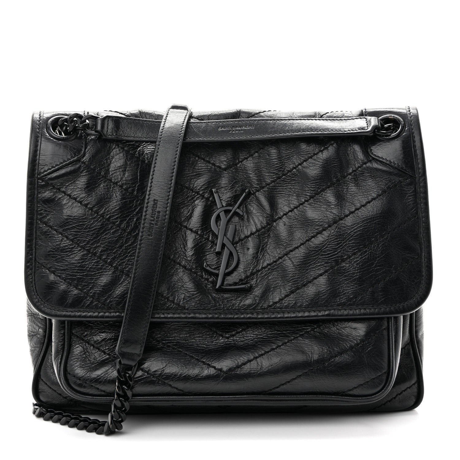 Saint Laurent Saint Laurent Crinkled Calfskin Matelasse Monogram Medium Niki Chain Satchel Black