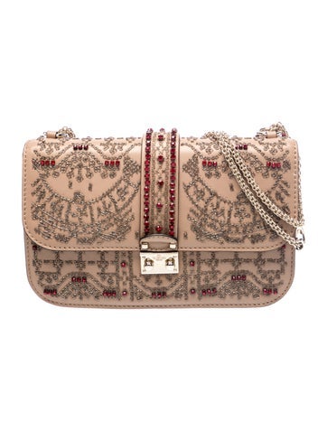 Valentino Leather Crystal-Embellished Glam Lock Flap Bag Medium