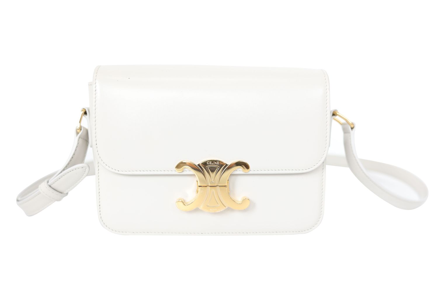 Celine Triomphe Teen Shoulder Bag, Chalk White Shiny Calfskin with Gold Hardware, Preowned in Dustbag WA001