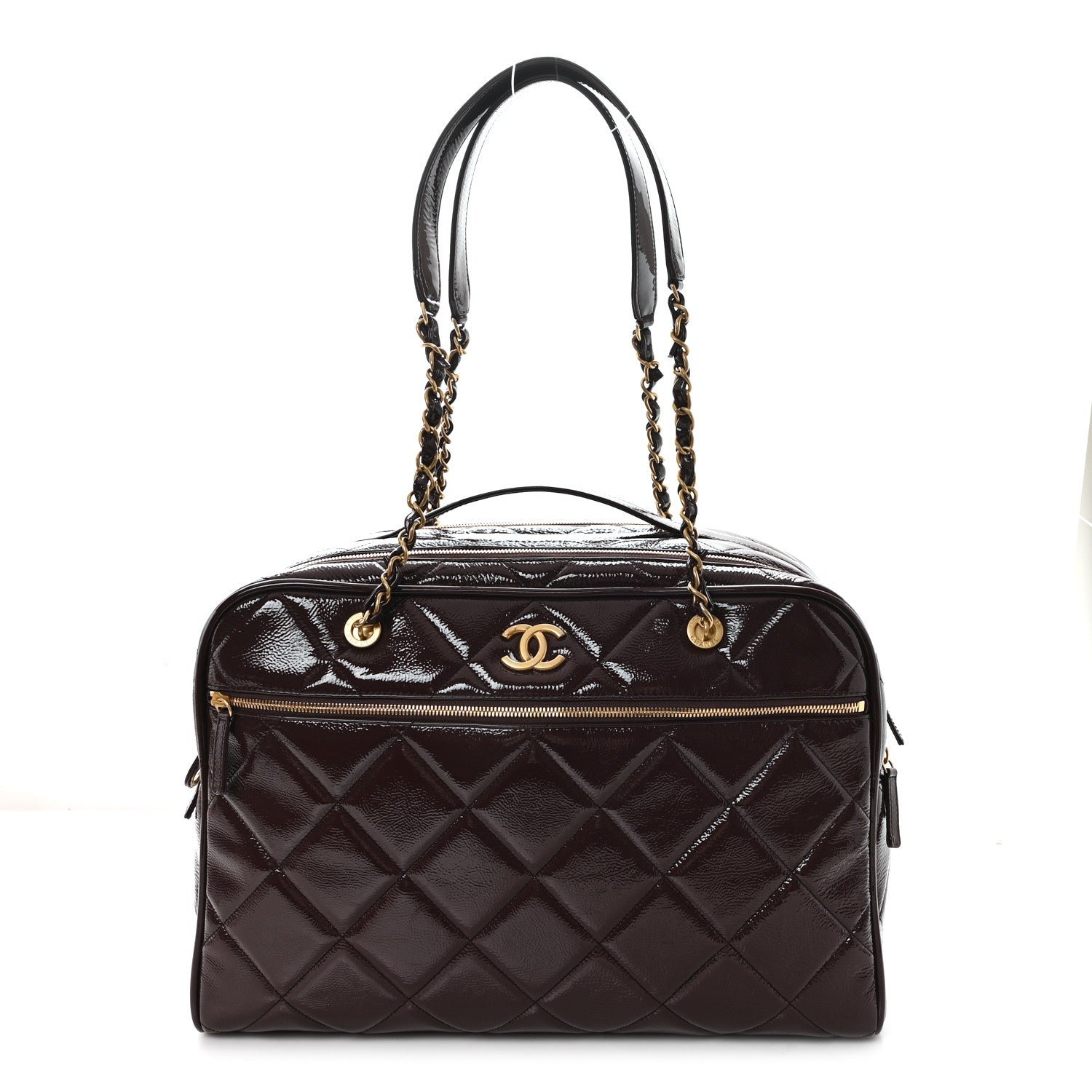Chanel Patent Crumpled Calfskin Quilted Travel Bowling Bag Dark Brown