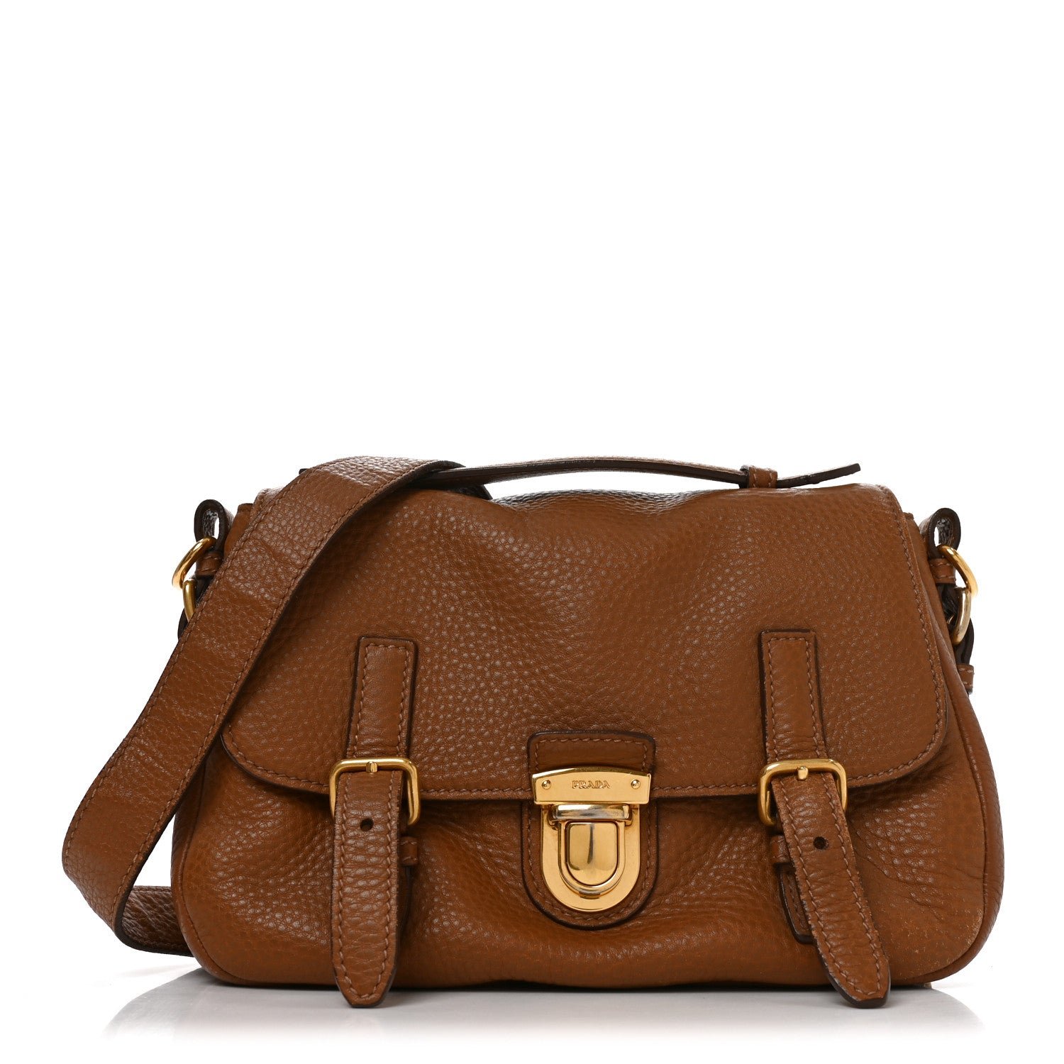 Prada Vitello Daino Double Buckle Messenger Bag Brown