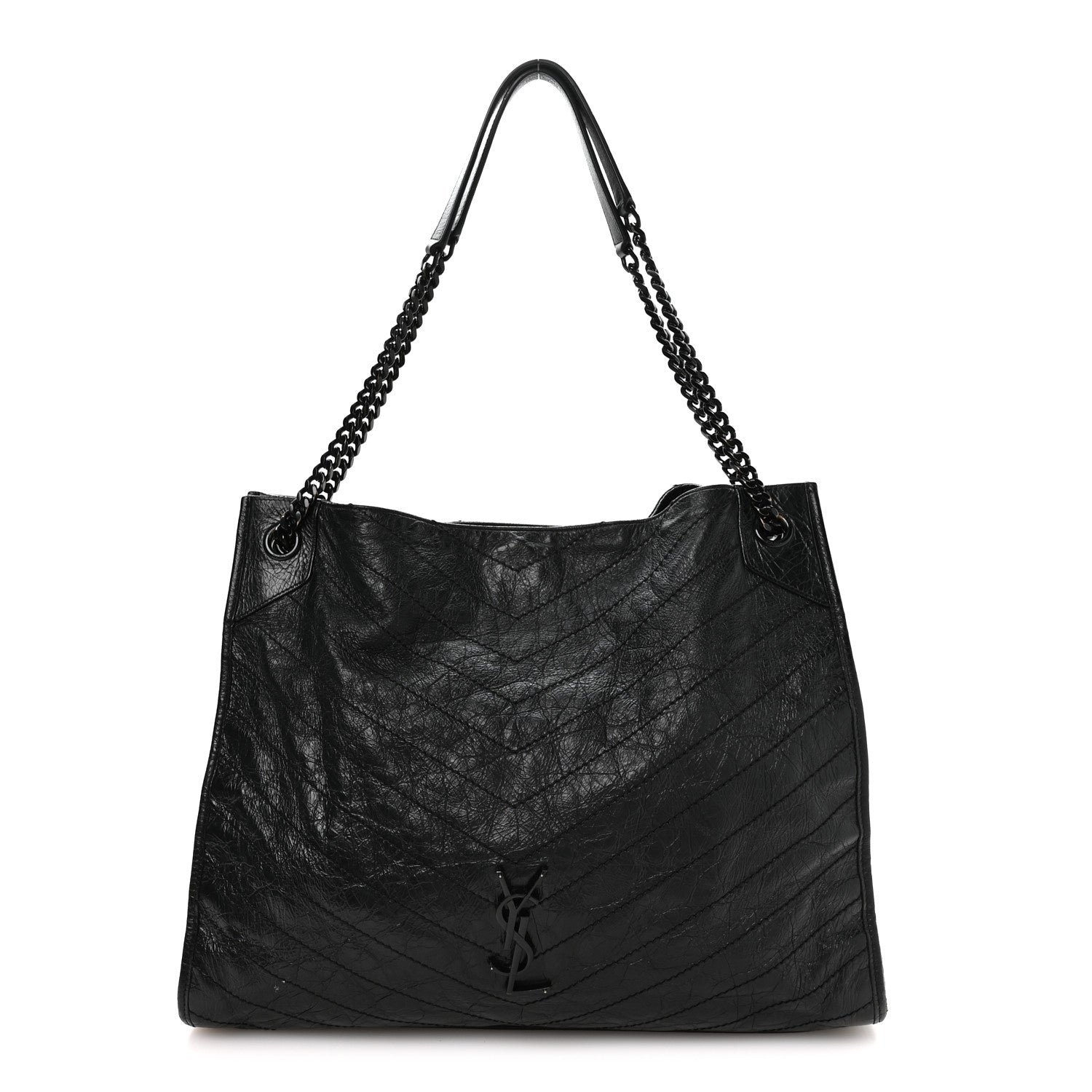 Saint Laurent Crinkled Calfskin Matelasse Monogram Large Niki Shopper Tote Black