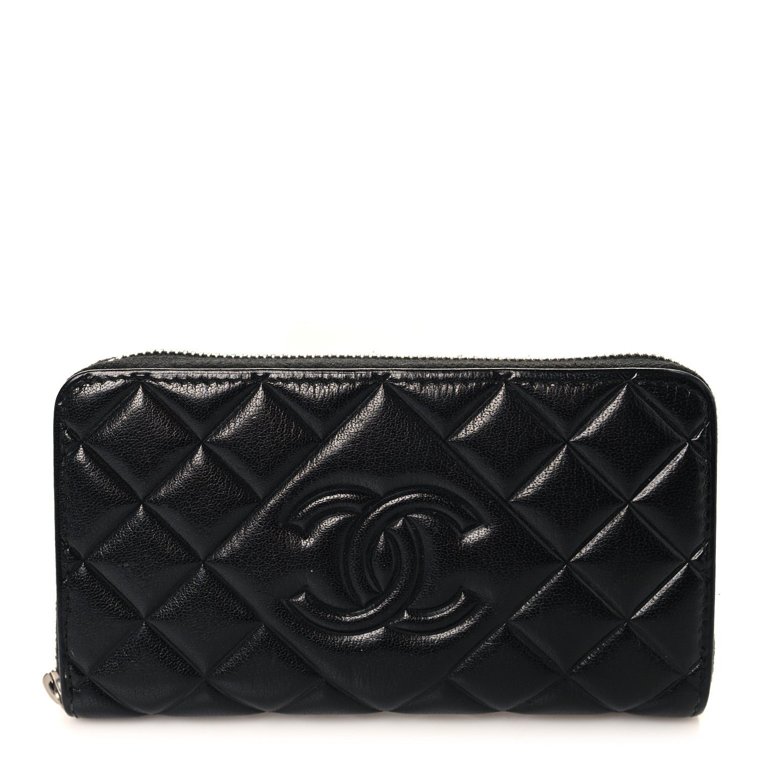 Chanel Lambskin Quilted Diamond Zip Around Wallet Black