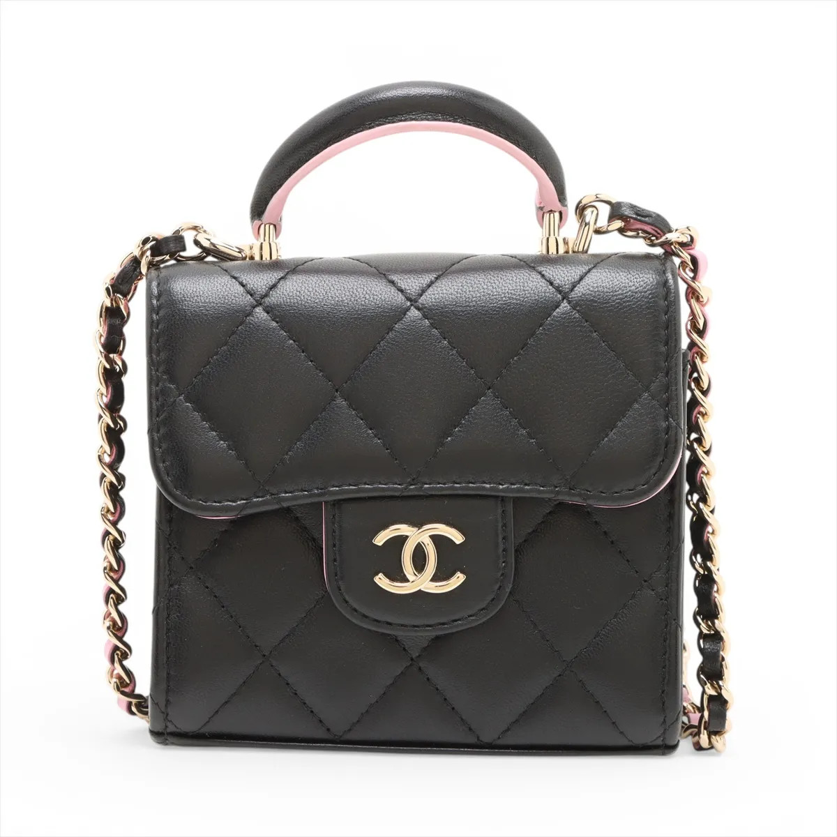 Chanel Matelasse Lambskin 2 Way Shoulder Bag Top Handle Black x pink Gold Metal