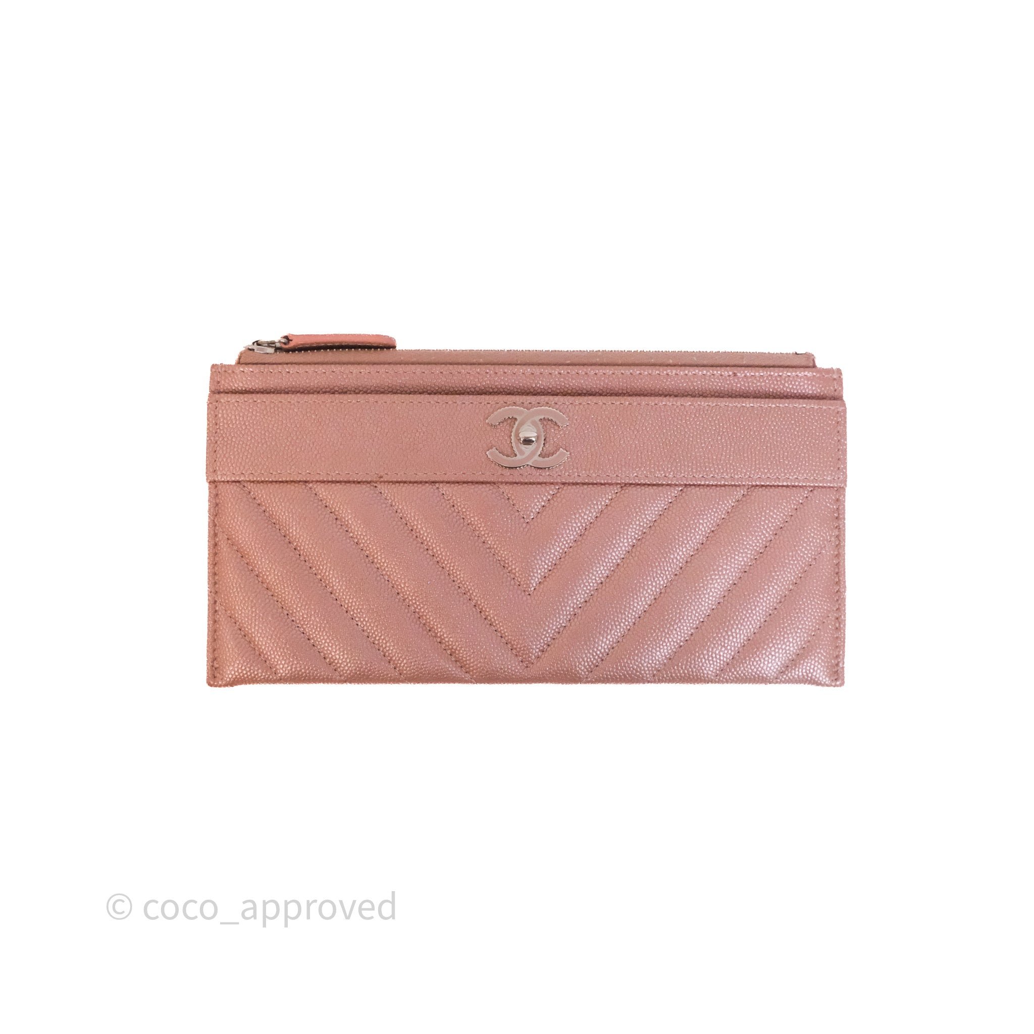 Chanel Chevron Long Zip Wallet Rose Gold Caviar Silver Hardware