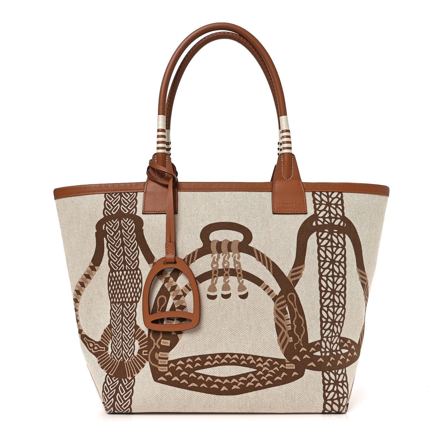 Hermes H Plume Canvas Swift Printed Fantaisie d'Etriers Steeple 28 Bag Fauve Ecru Beige Gold