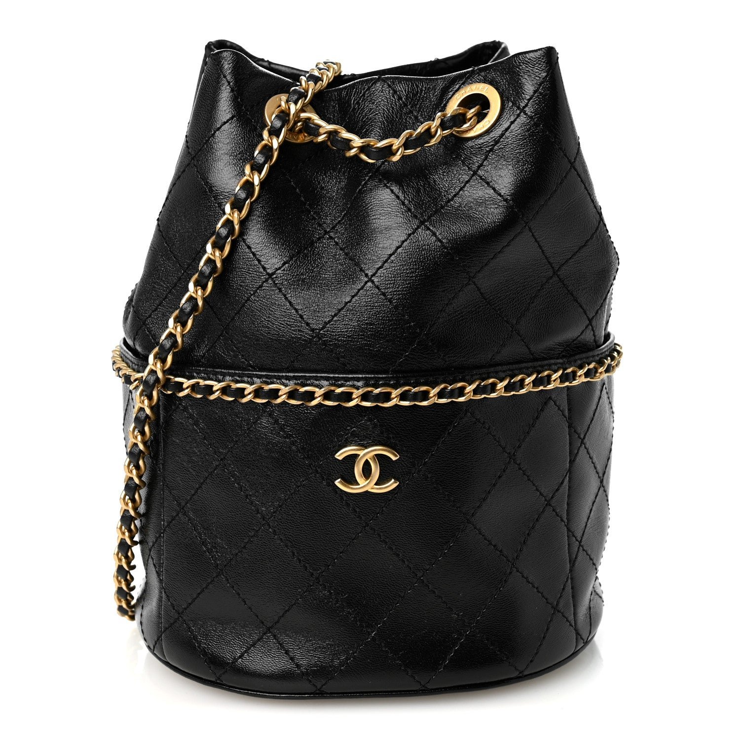 Chanel Shiny Lambskin Quilted Chain Around Drawstring Bucket Clutch With Chain Black