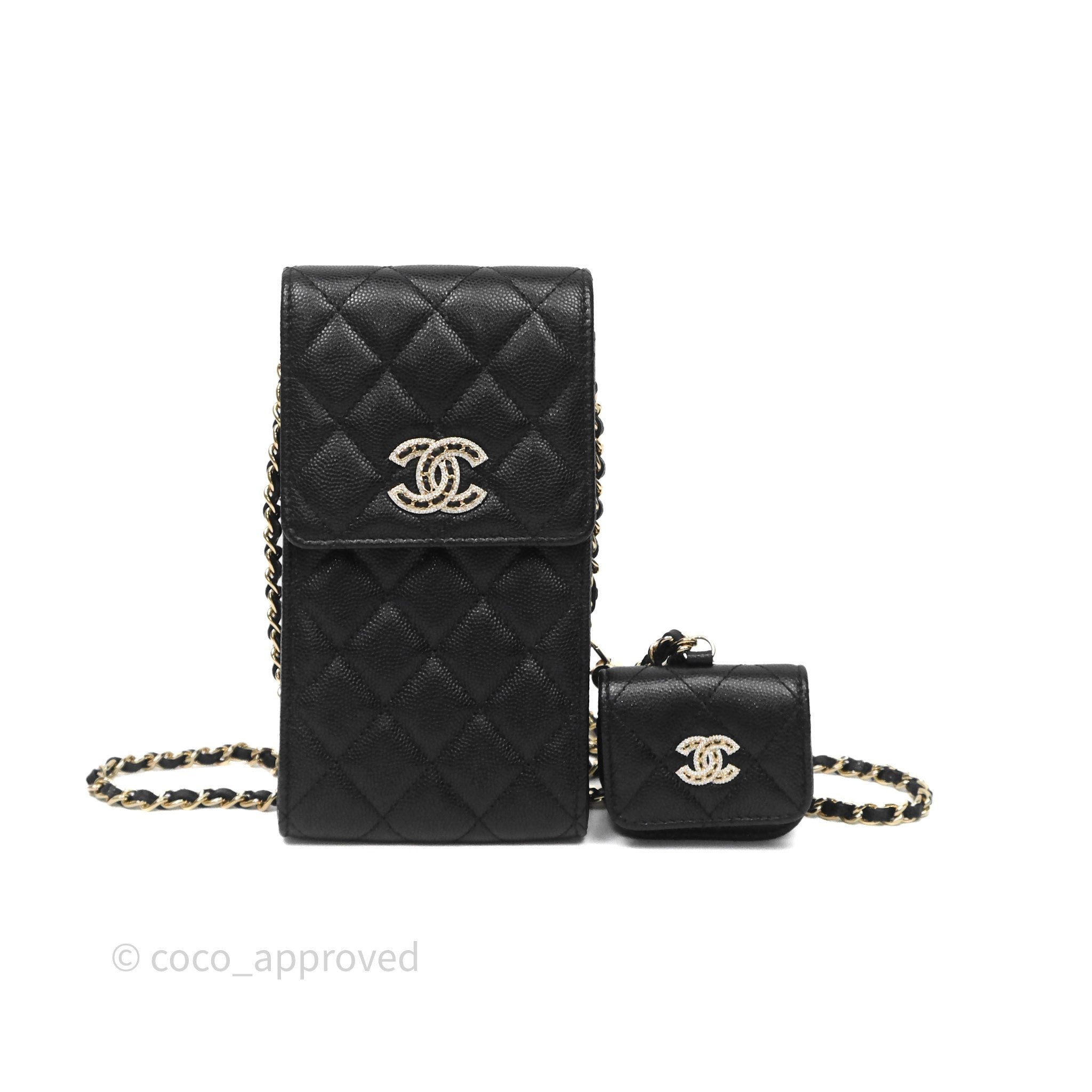 Chanel Phone Holder & Airpods Case with Chain Black Caviar Gold Hardware