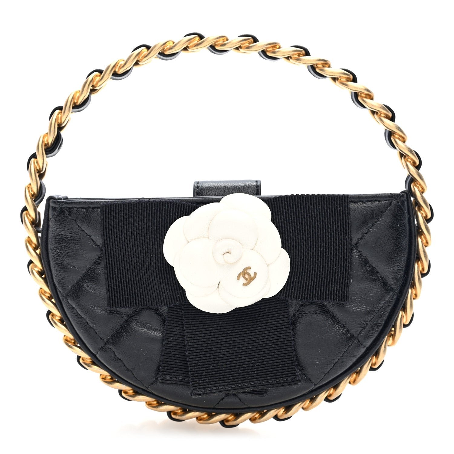 Chanel Lambskin Quilted Round Camellia Mini Clutch Black