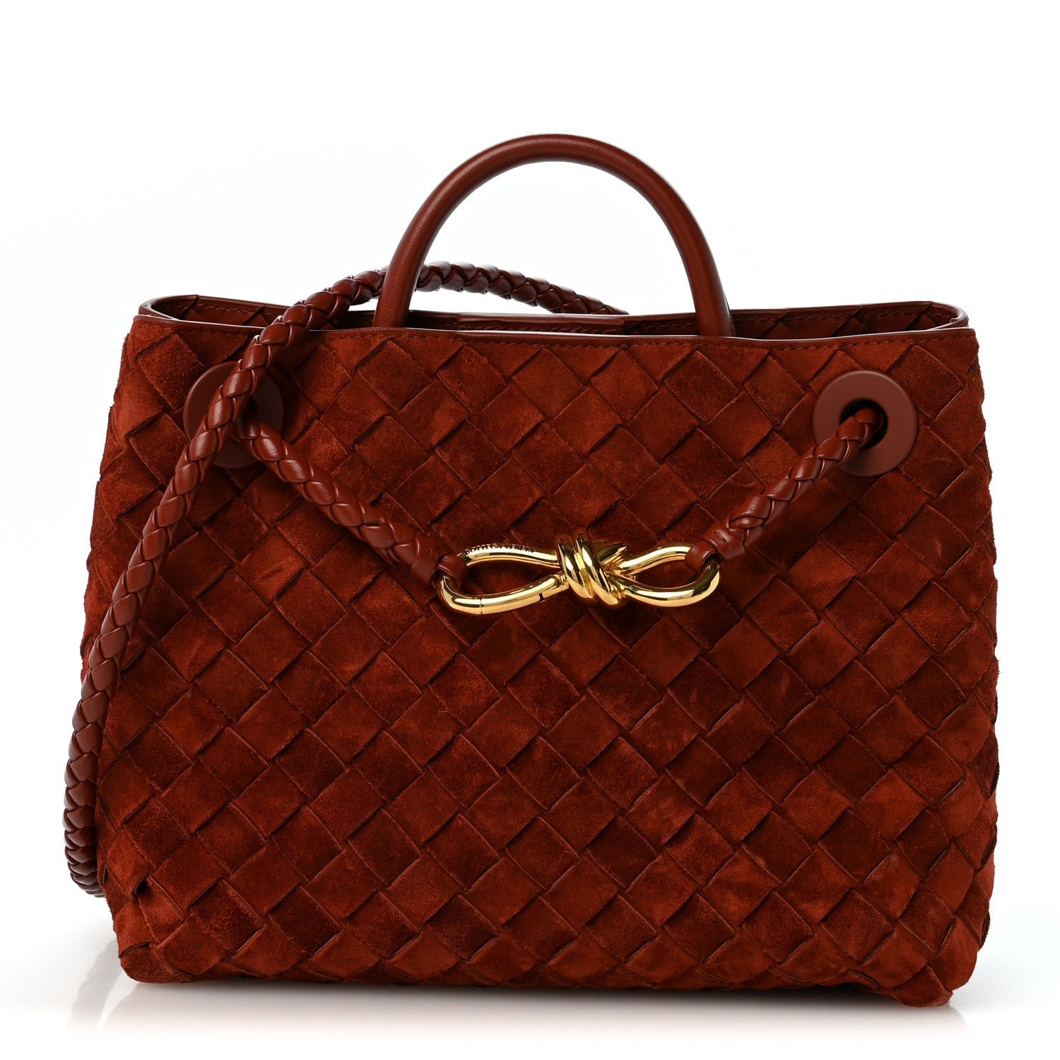 Bottega Veneta Suede Intrecciato Small Andiamo Shoulder Bag Rust