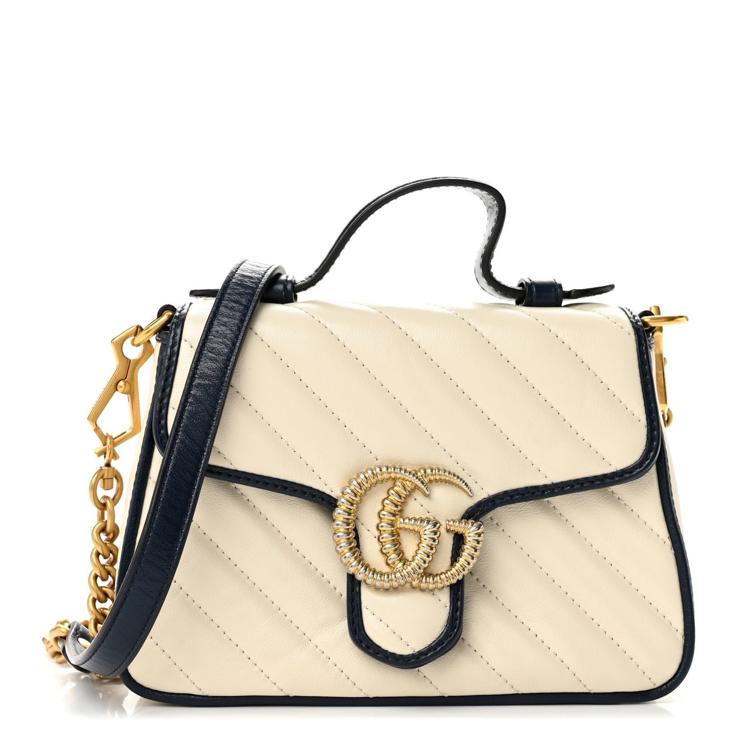 Gucci Vintage Effect Calfskin Matelasse Diagonal Mini Torchon GG Marmont Top Handle Shoulder Bag Mystic White Blue Agata