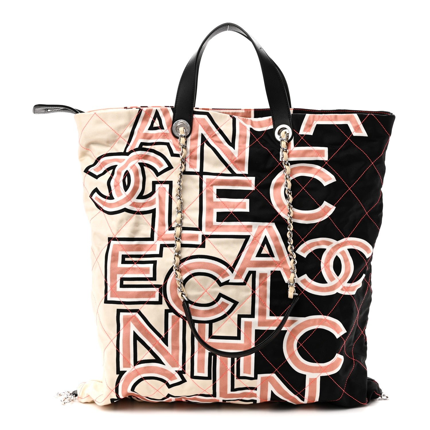 Chanel Nylon Stitched Printed Logo Shopping Bag Black White