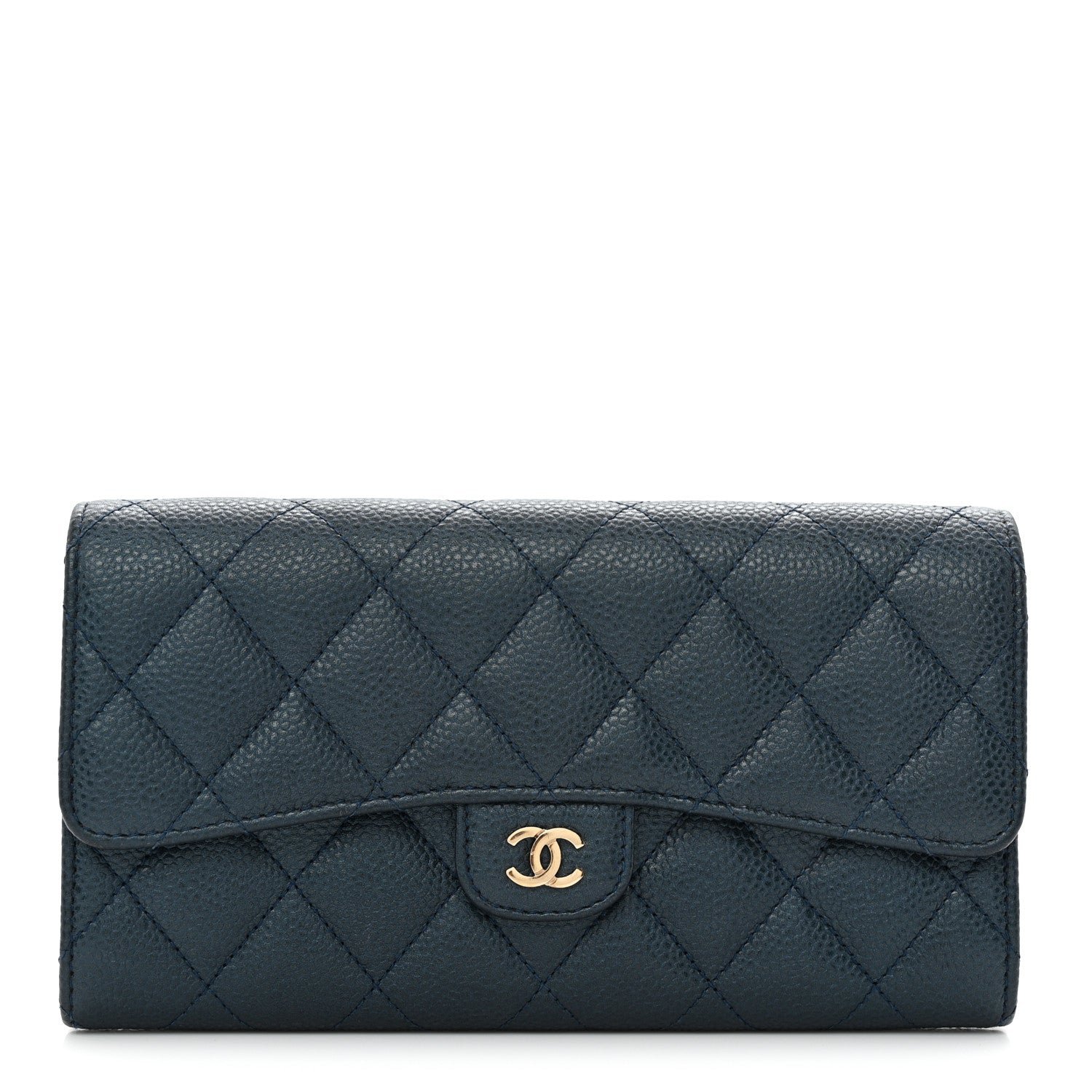 Chanel Iridescent Caviar Quilted Large Gusset Flap Wallet Dark Blue