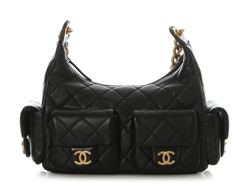 Black Quilted Shiny Lambskin Small Trendy Pockets Hobo Aged Gold Hardware, 2025
