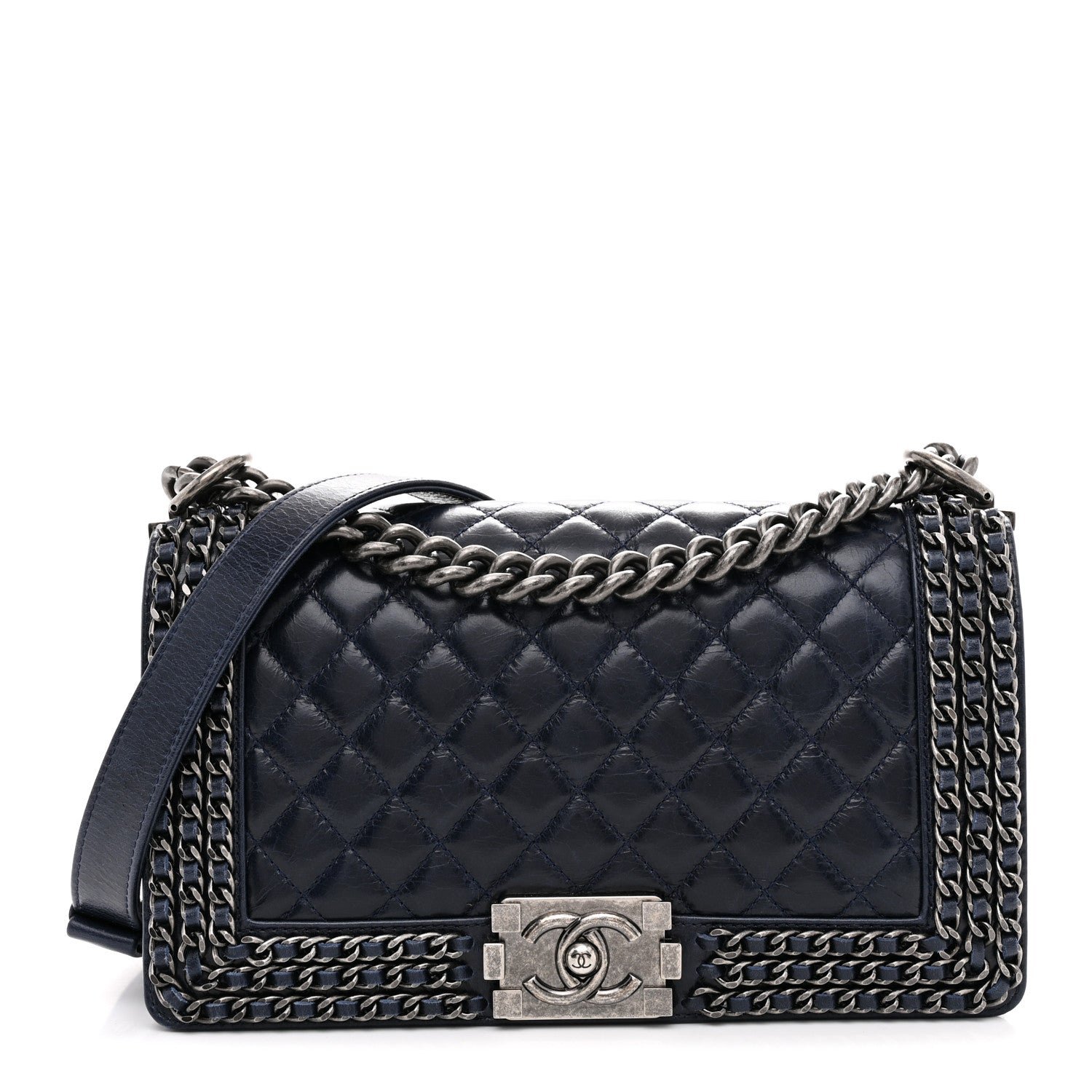 Chanel Glazed Calfskin Quilted Medium Boy Chained Flap Blue