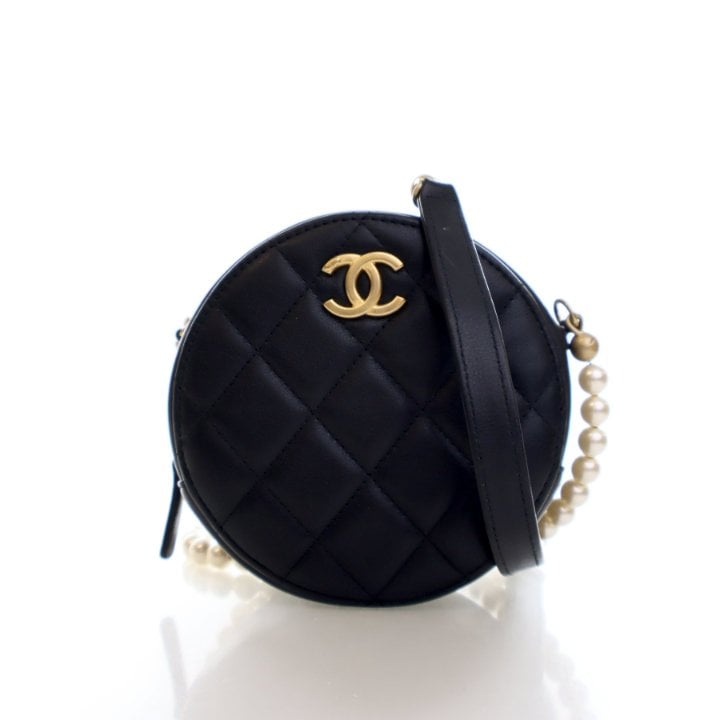 Chanel Mini Lambskin Pearl Chain Round Clutch