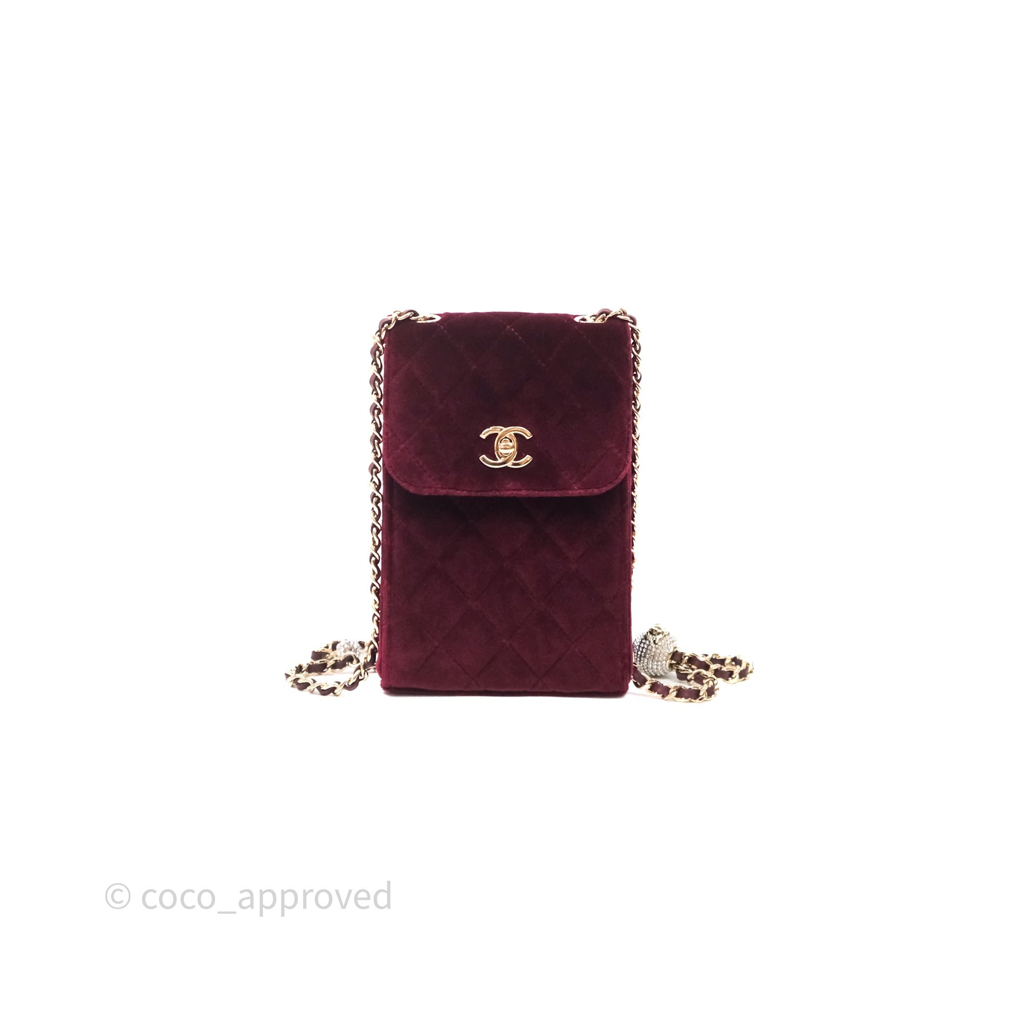 Chanel Quilted Phone Holder Crystals Pearl Crush Red Velvet Gold Hardware