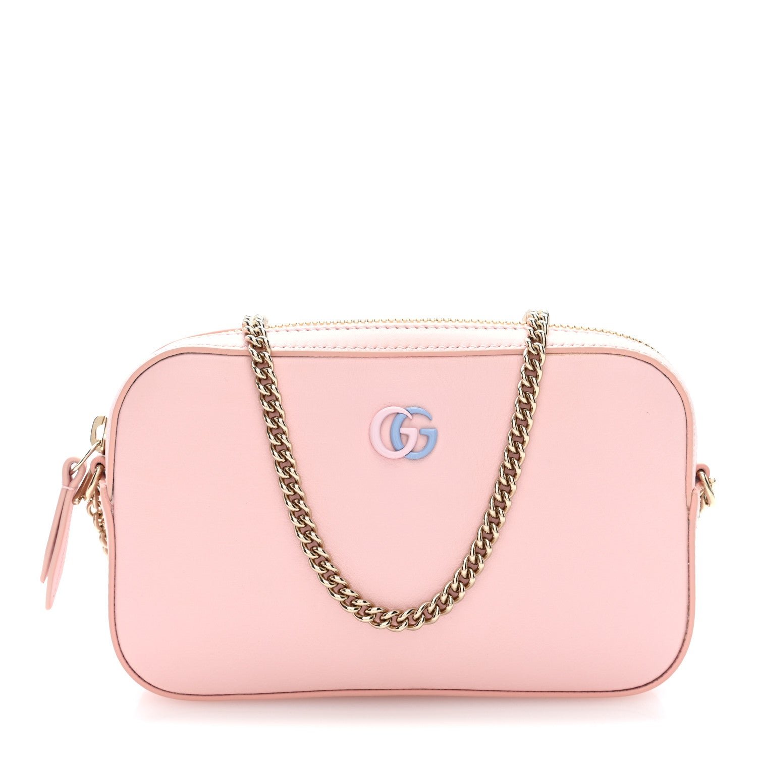 Gucci Dollar Calfskin Enamel Super Mini GG Marmont Chain Shoulder Bag  Light Pink Blue