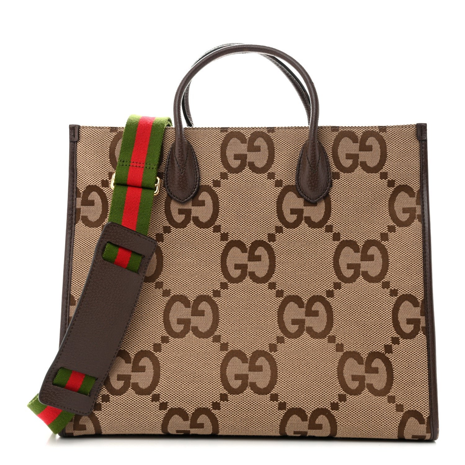 Gucci Monogram Jumbo GG Textured Dollar Calfskin Web Tote Bag Camel Ebony New Acero