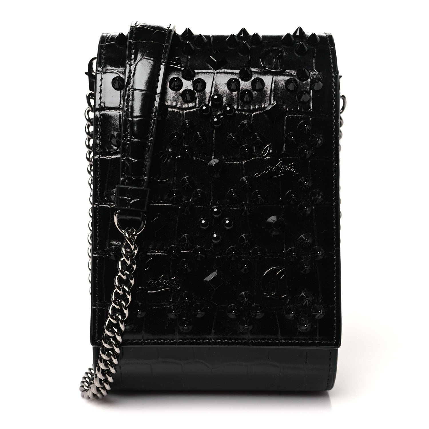 Christian Louboutin Crocodile Embossed Calfskin Spikes Loubinthesky Paloma Crossbody Phone Case Black