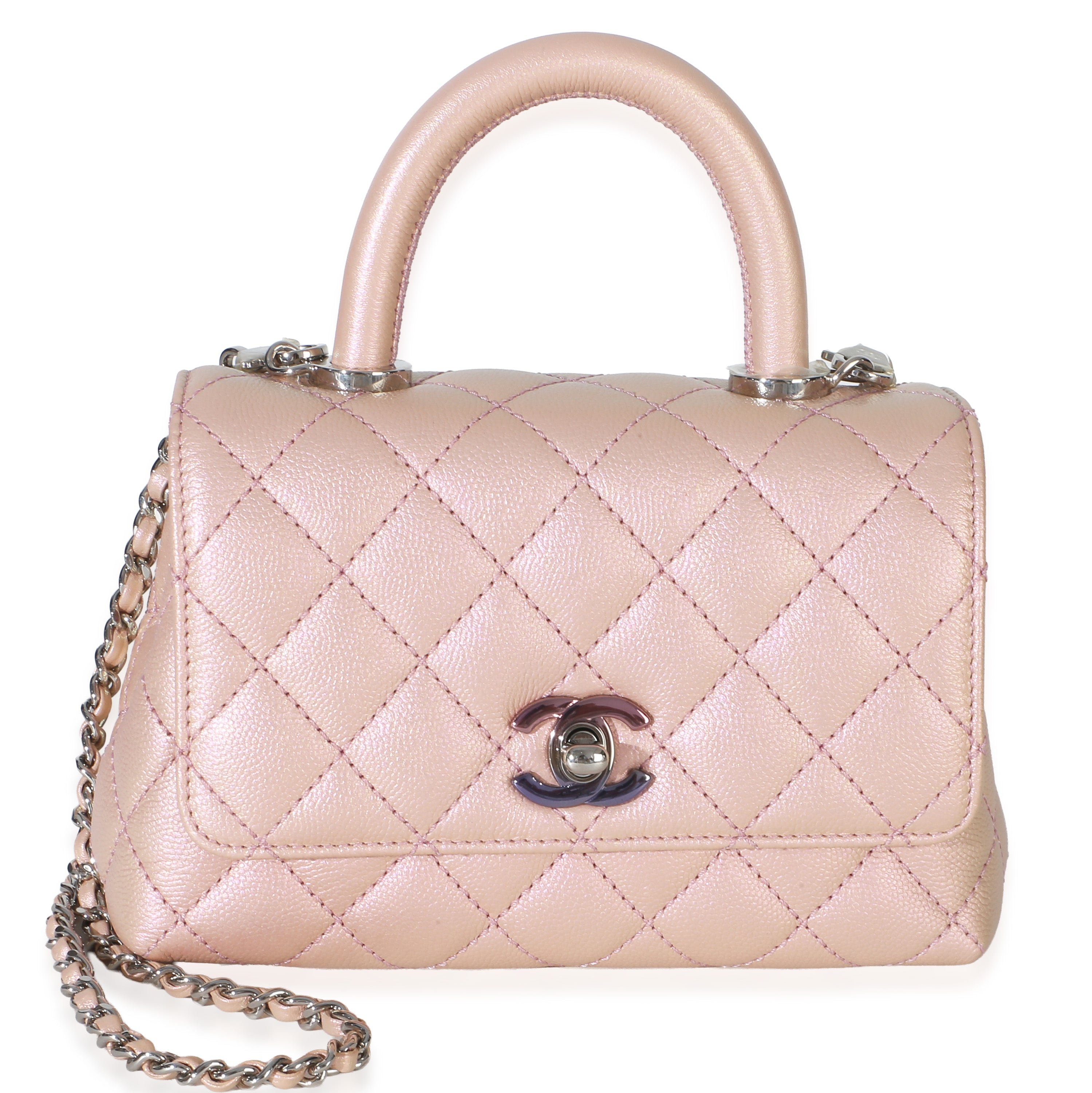 Light Pink Iridescent Quilted Caviar Mini Coco Top Handle Flap Bag