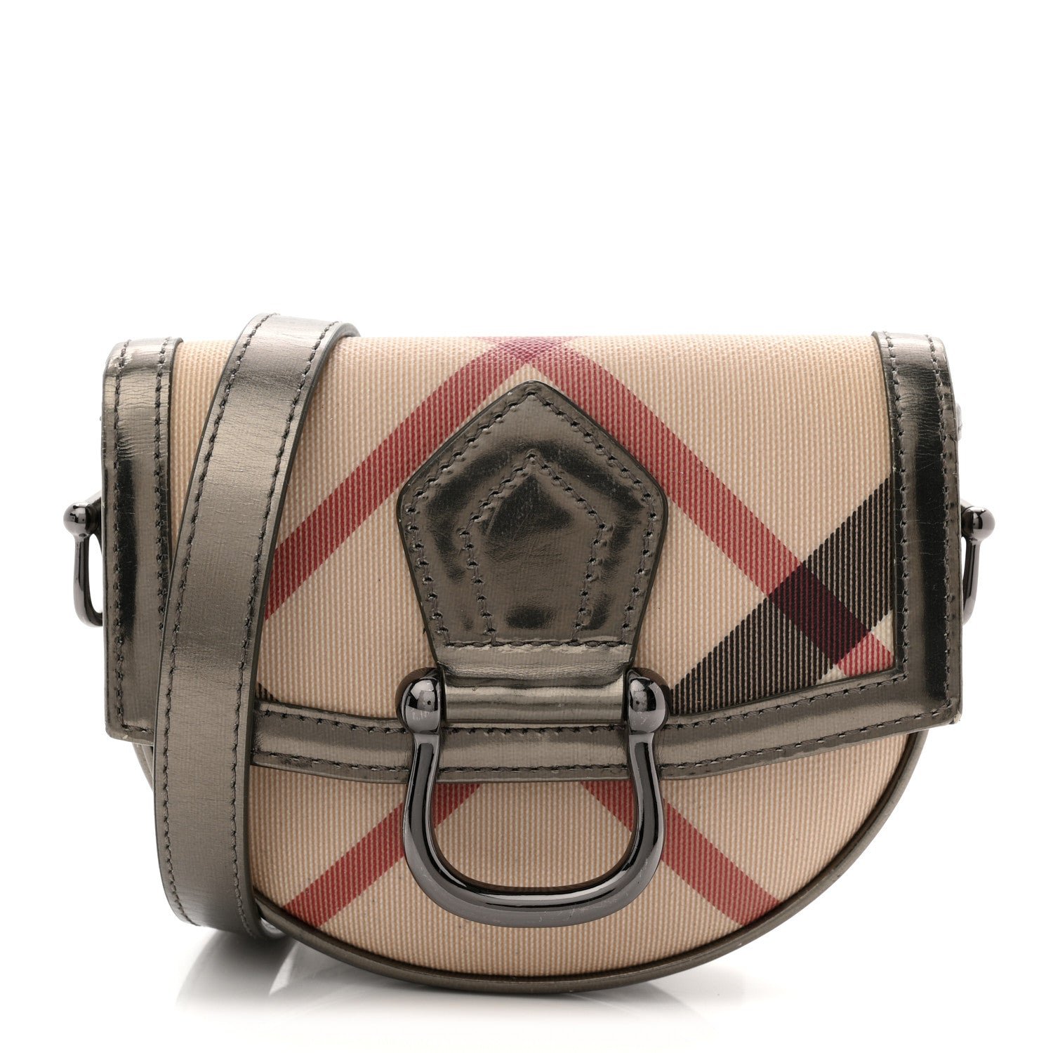 Burberry Patent Nova Check Mini Crossbody Bag Pewter