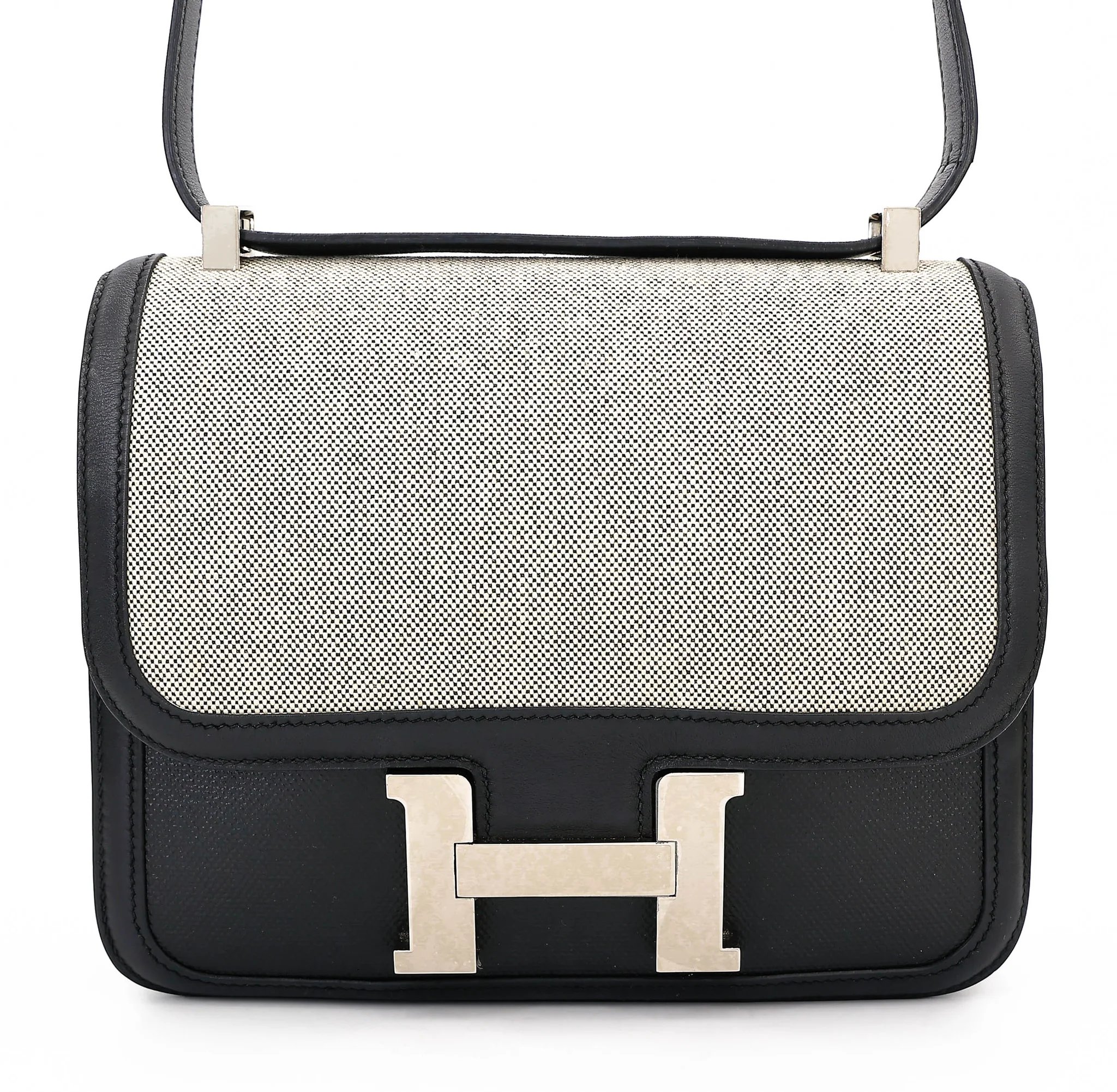 Very Good ( Rank A) HERMÈS Constance 24 Noir (89) Toile H canvas Swift Palladium hardware D (2019)