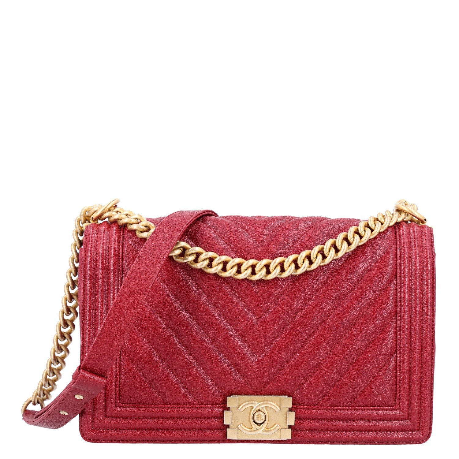 Chanel Caviar Chevron Quilted Medium Boy Flap Red