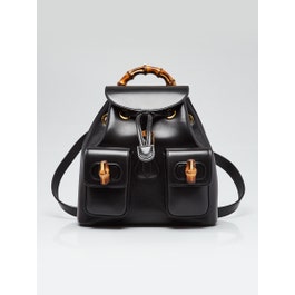 Gucci Black Smooth Leather Bamboo Handle Small Backpack Bag