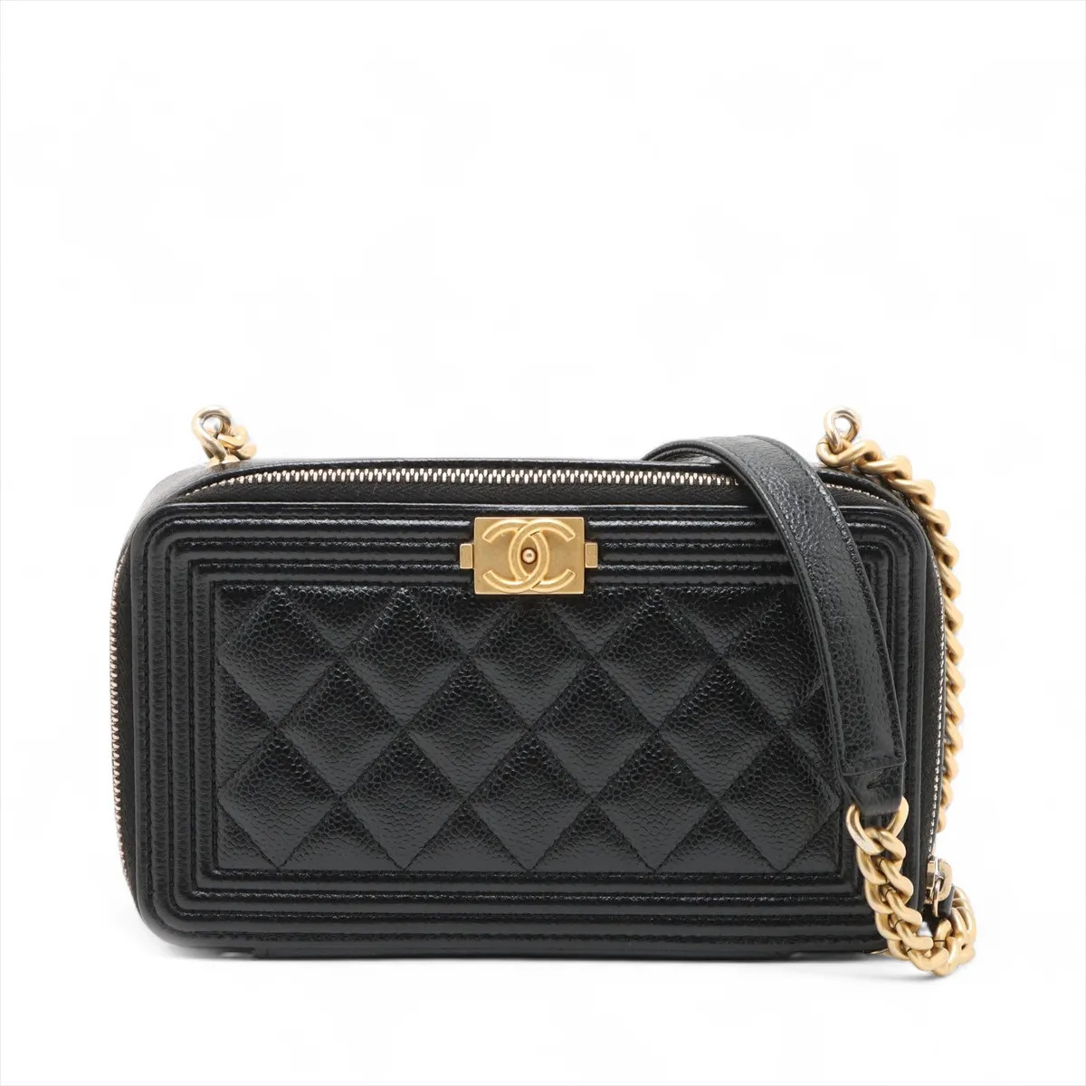 Chanel Boy Chanel Caviar Skin Chain Shoulder Bag Black Gold Metal Fittings rando