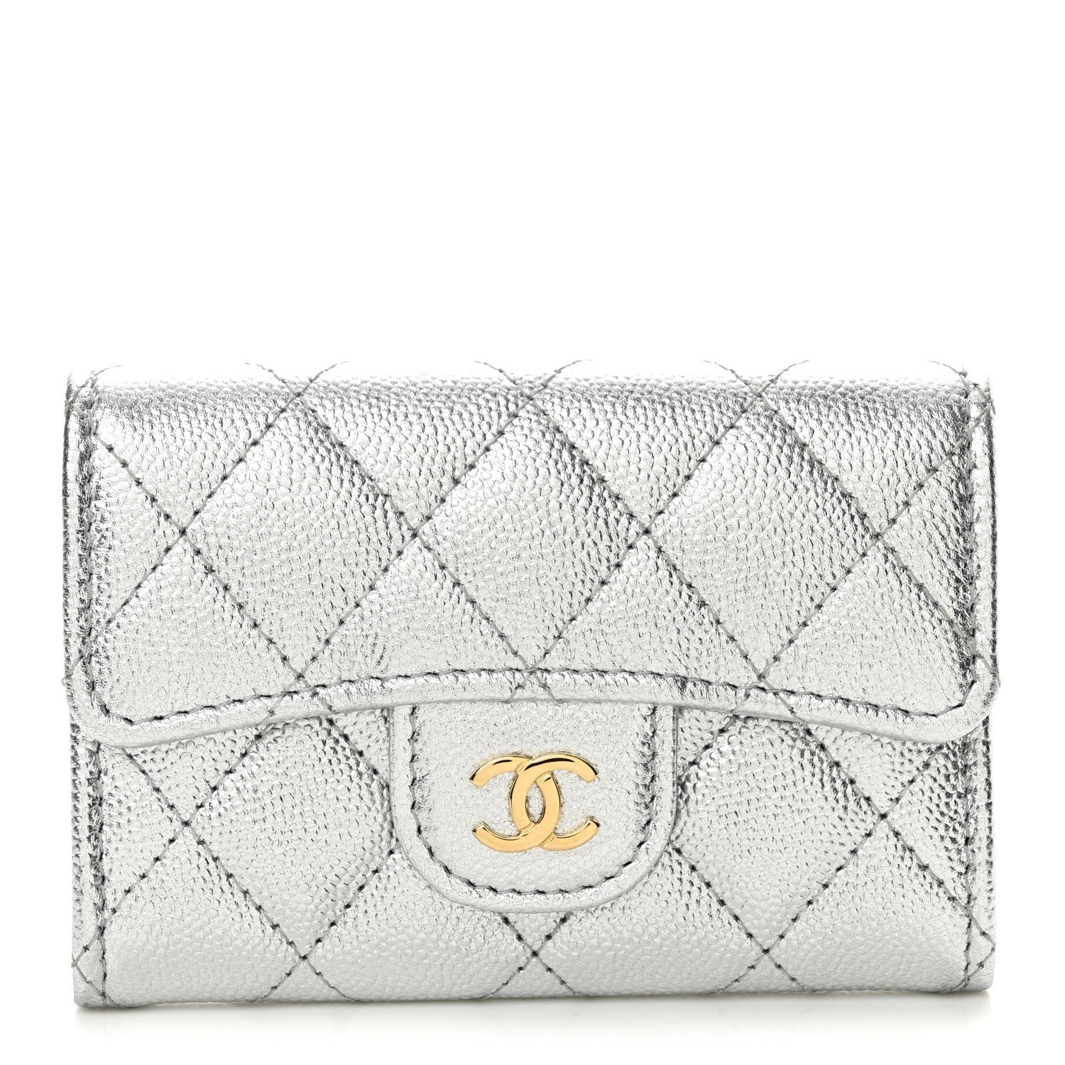 Chanel Metallic Caviar Quilted Flap Card Holder Wallet Silver