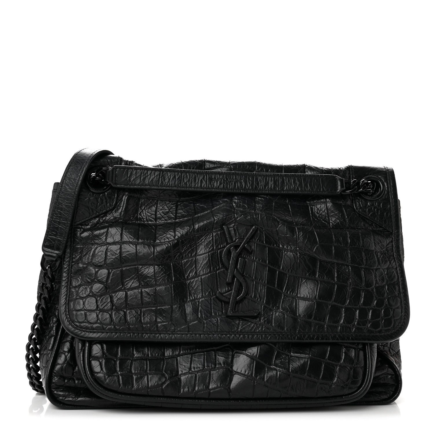 Saint Laurent Crocodile Embossed Lambskin Monogram Medium Niki Chain Satchel Black