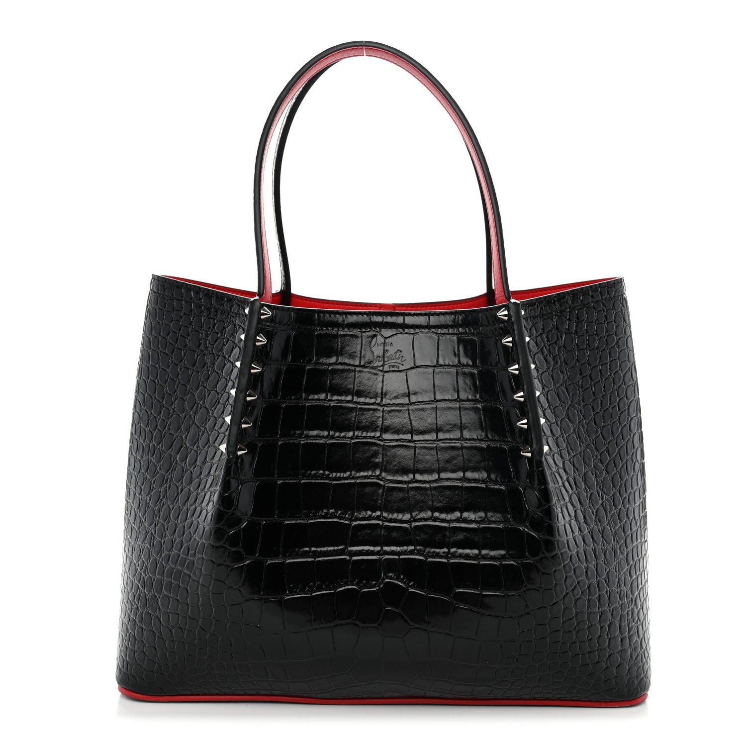 Christian Louboutin Crocodile Embossed Calfskin Spiked Small Cabarock Shopper Tote Black